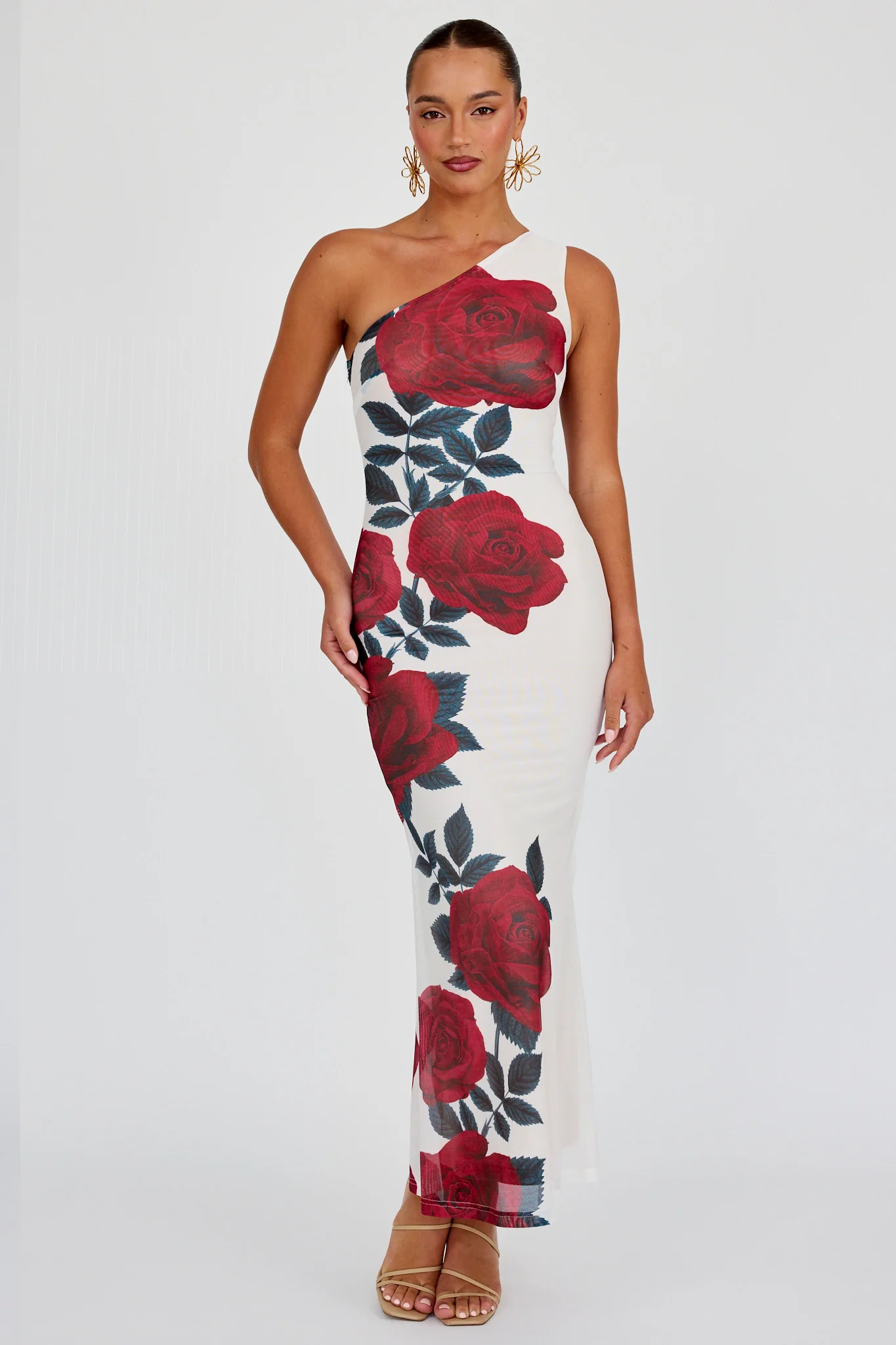 Desiree One Shoulder Mesh Maxi Dres Rose - Sonourner