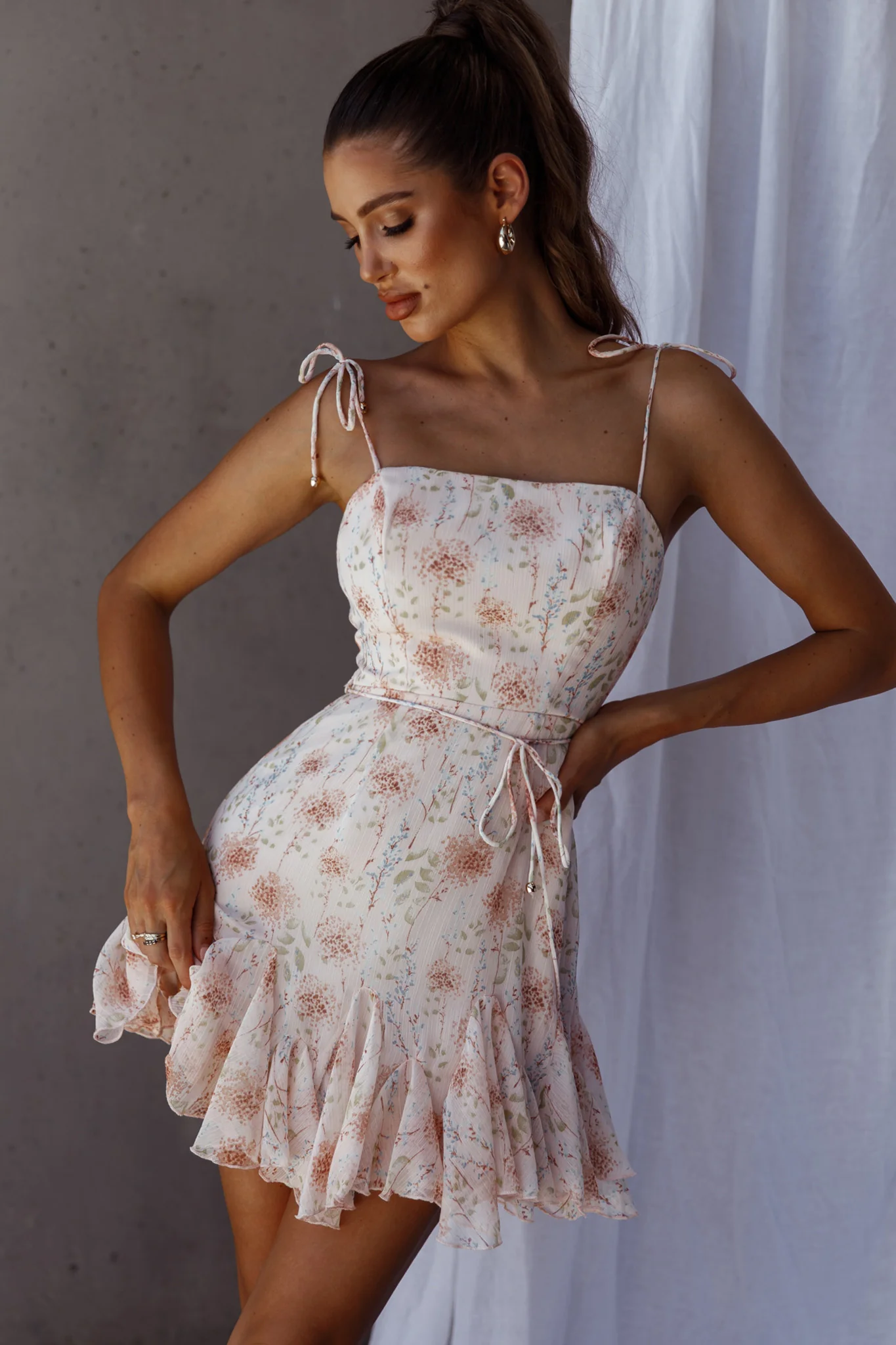 Charliza String Tie Godet Hem Dress Floral Peach - Sonourner