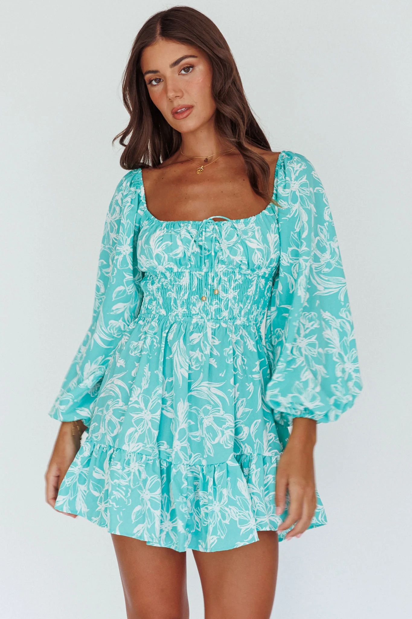 Amilie Shirred Long Sleeve Dress Floral Green - Sonourner