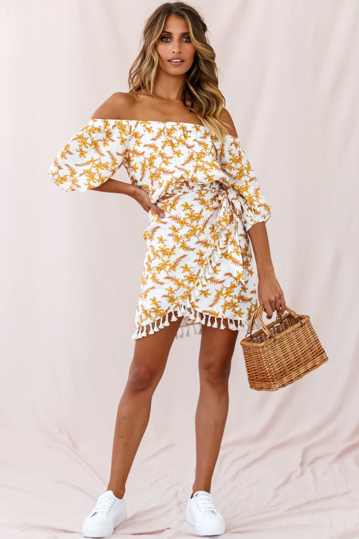 Cayman Tassel Trim Wrap Dress White/Yellow - Sonourner
