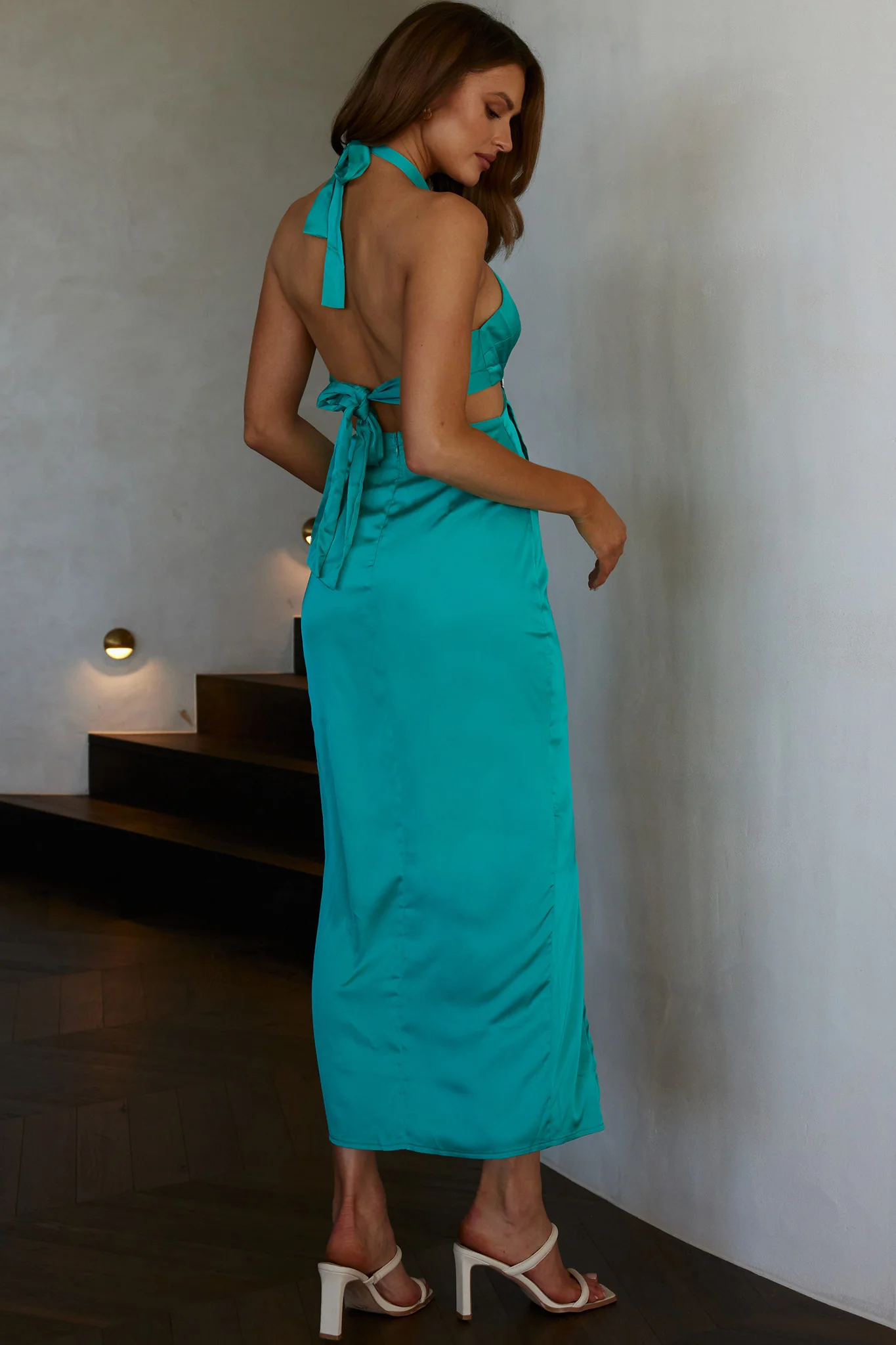 Night Breeze Halterneck Diamante Midi Dress Steel Blue - Sonourner