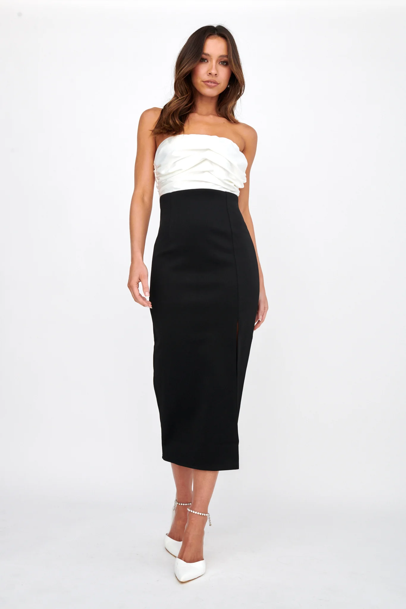 Brandi Strapless Split Midi Dress White/Black - Sonourner