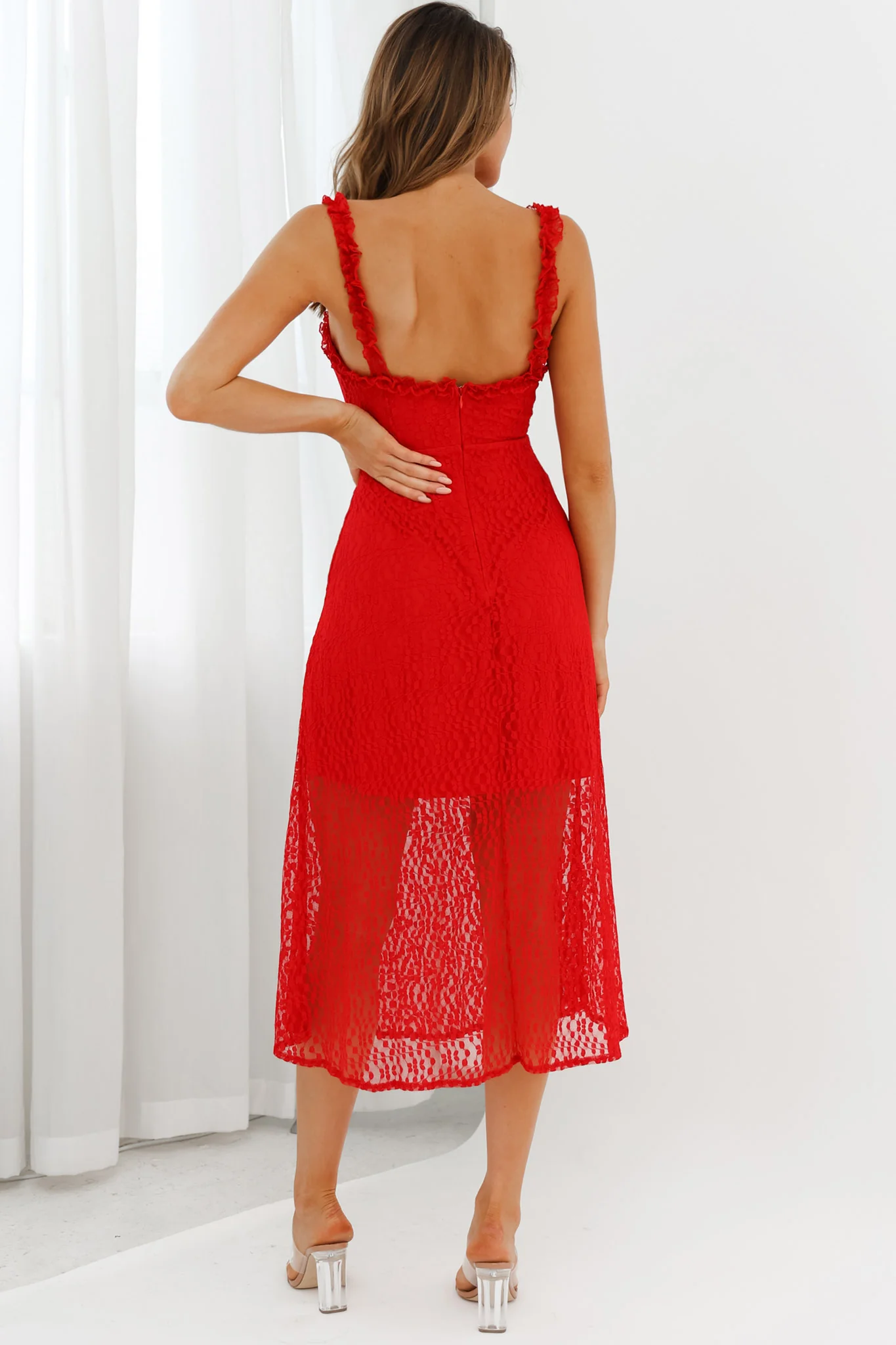 Isadora Mesh Overlay Frill Trim Neckline Midi Dress Red - Sonourner