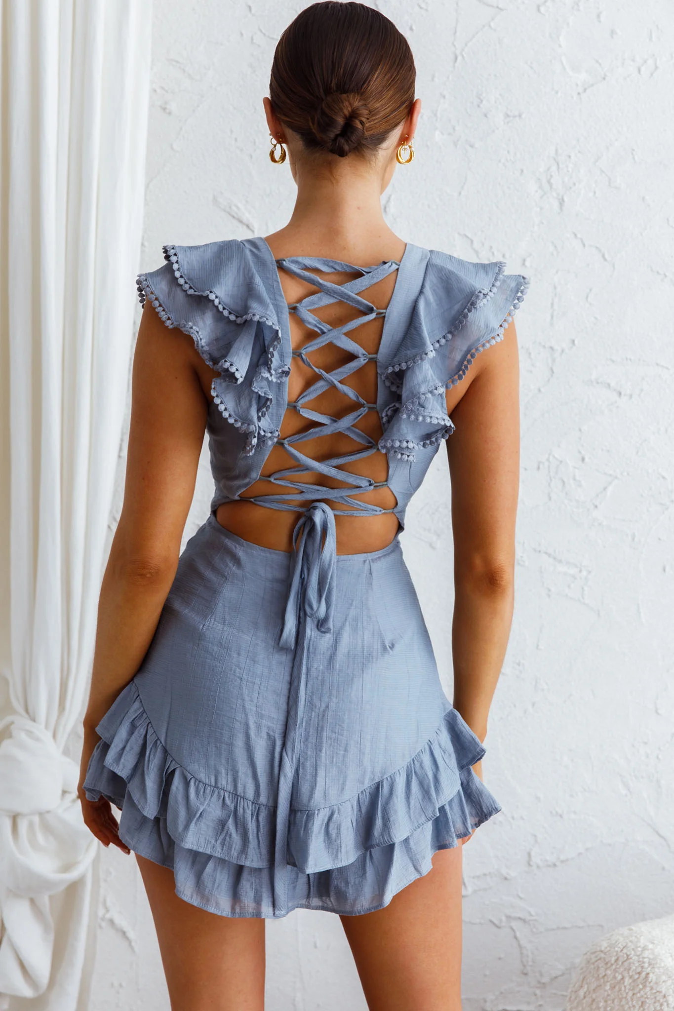 Charade Ruffle Shoulder Corset Back Dress Midnight Blue - Sonourner