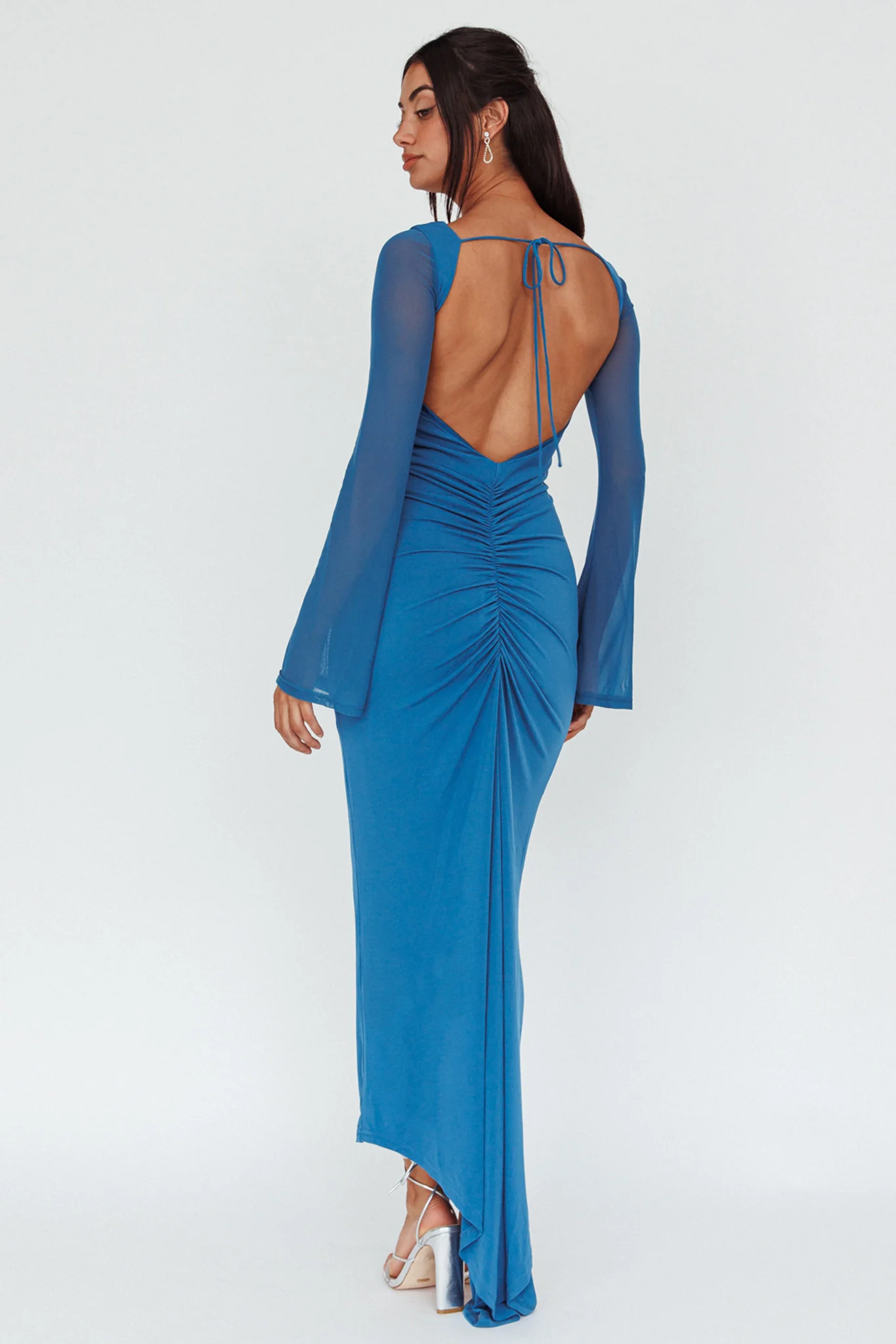 Crystal Ball Open Back Ruched Maxi Dress Blue - Sonourner