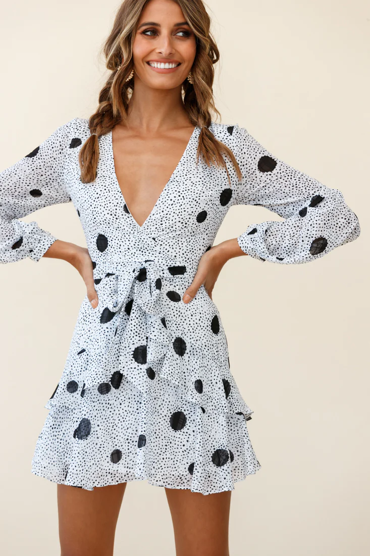 Kerry Layered Balloon Sleeve Dress Black Spot Print White - Sonourner