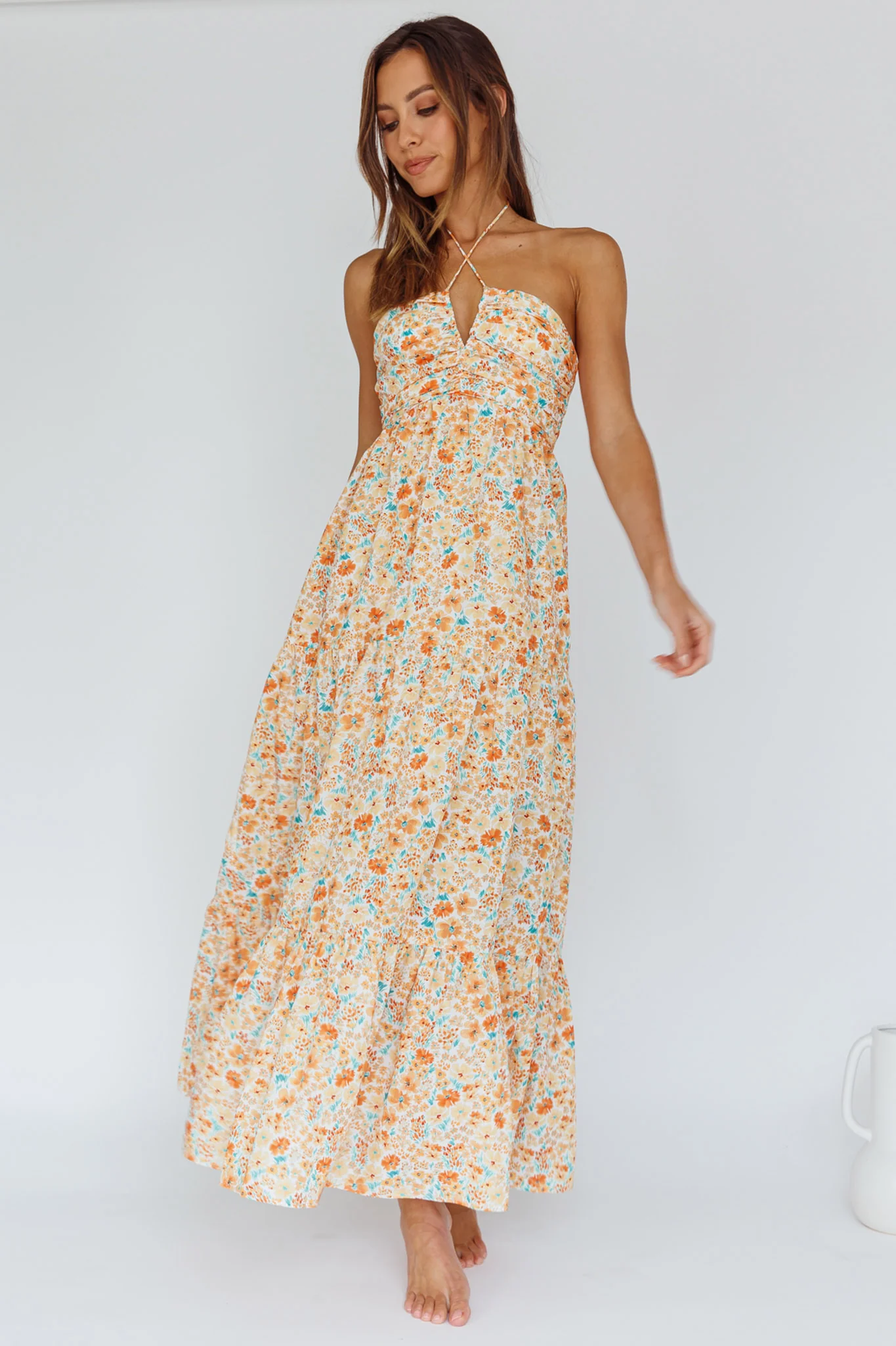 Asiah Halterneck Maxi Dress Flowers Orange - Sonourner