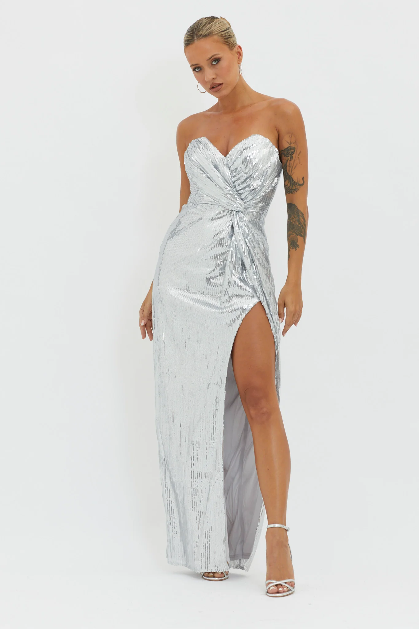 Angel Energy Strapless Sequin Maxi Dress Silver - Sonourner