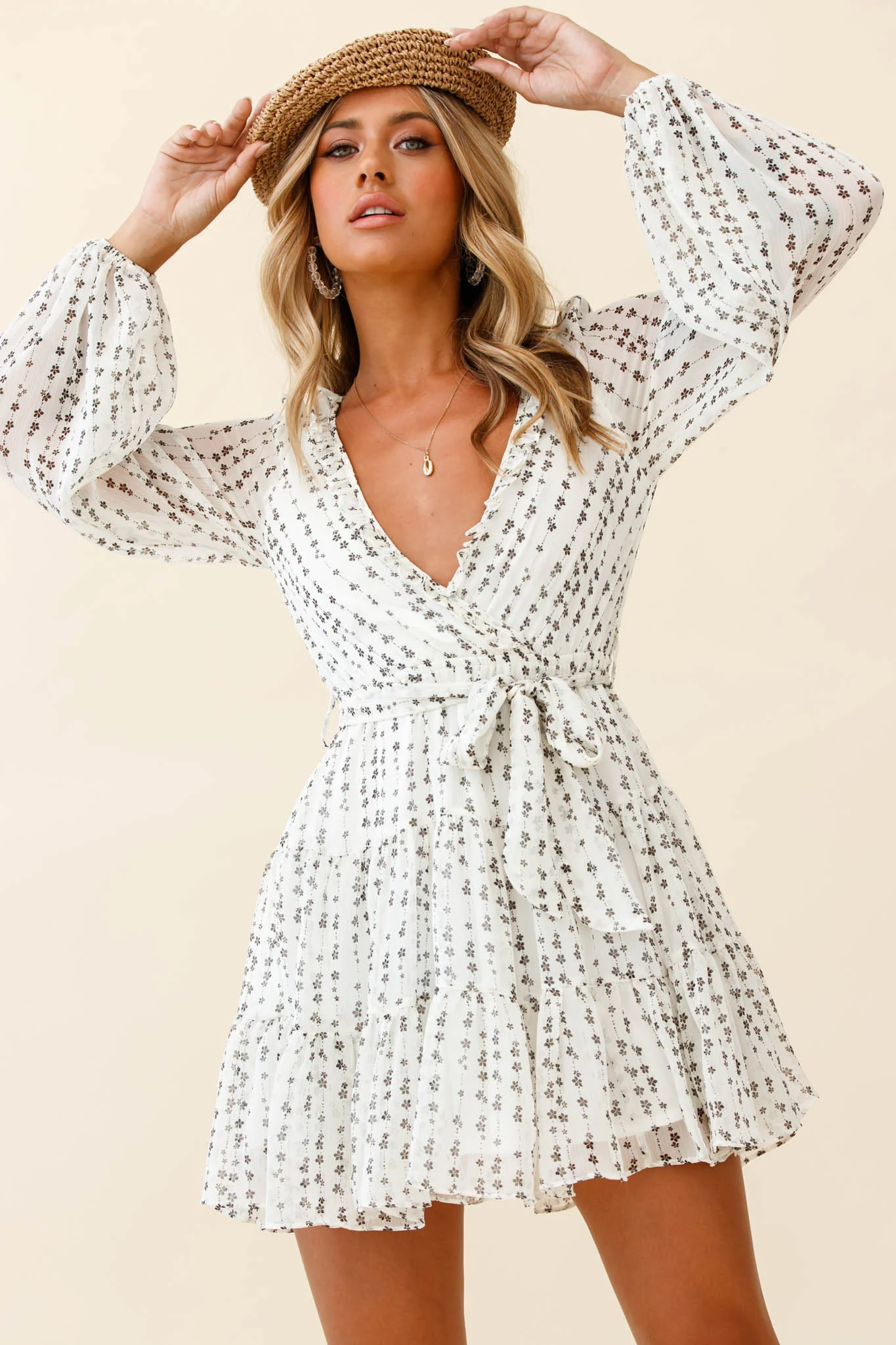 Floating On Clouds Long Sleeve Frill Trim Dress Floral Print White - Sonourner