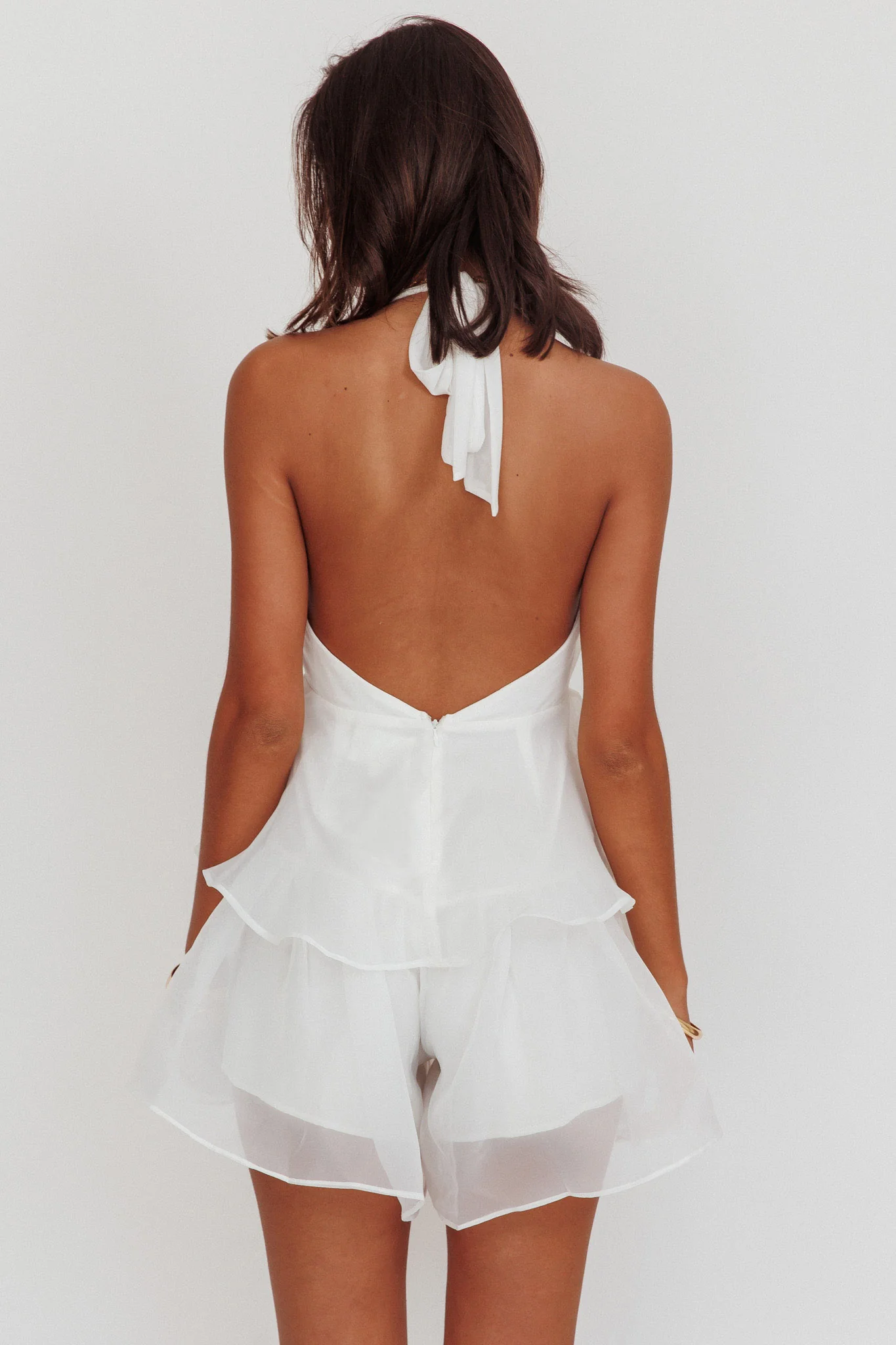 Behati Tiered Ruffles Halterneck Romper White - Sonourner