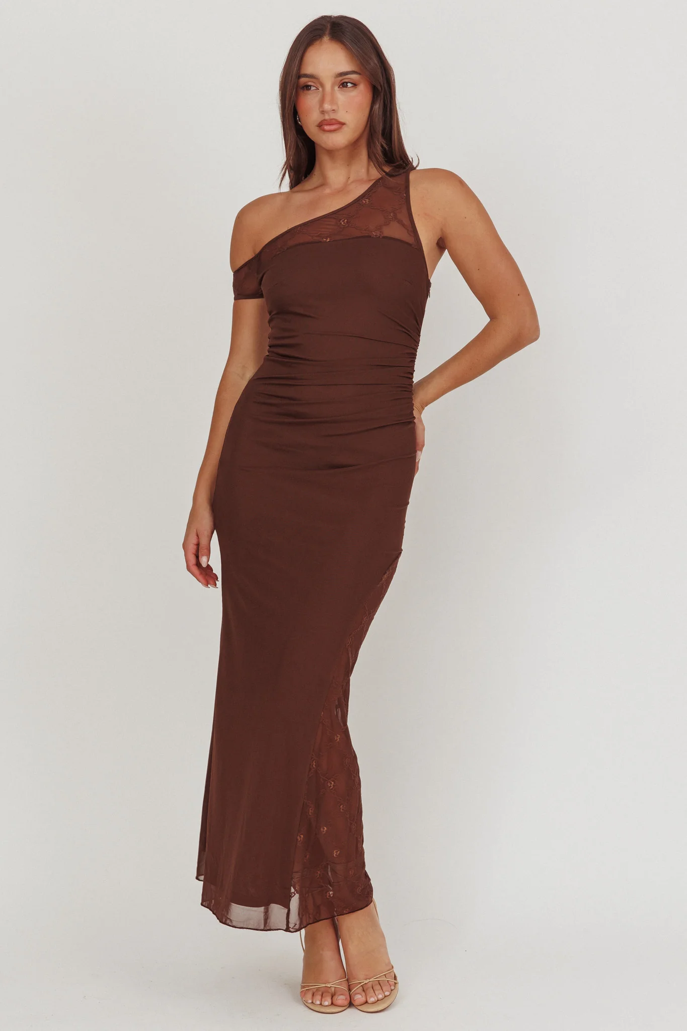 Sher One-Shoulder Lace Panel Maxi Dress Chocolate - Sonourner