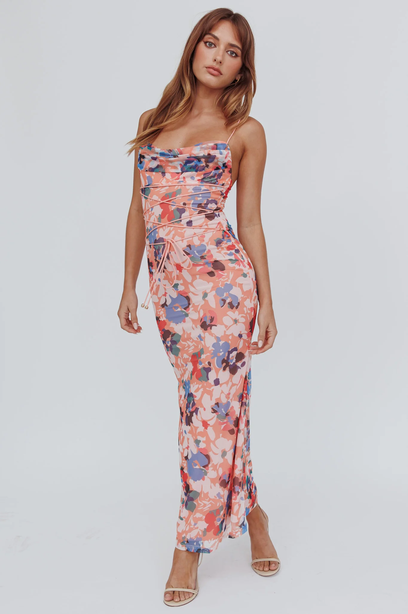 Teava Laced Waist Maxi Dress Flowers Orange - Sonourner