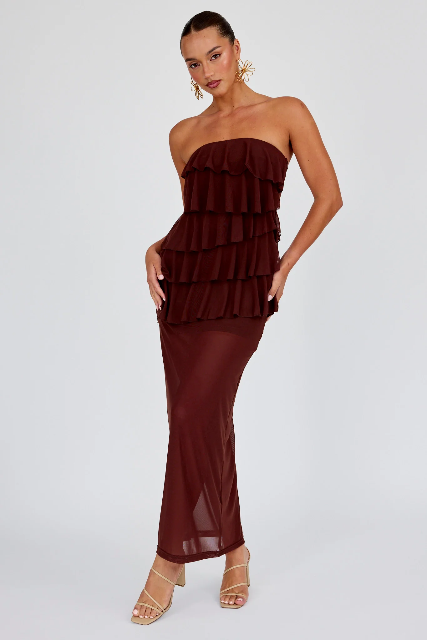 Crewe Strapless Ruffle Maxi Dress Chocolate - Sonourner