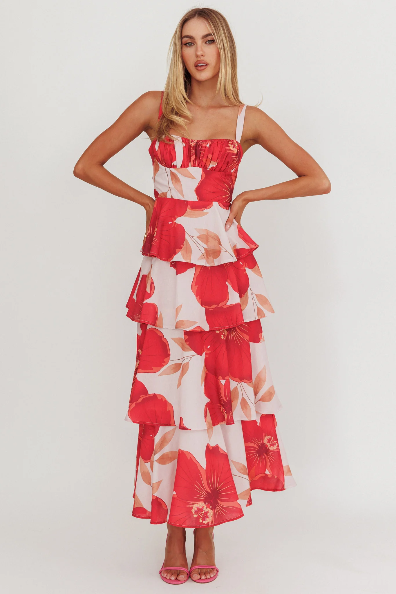 Provence Bloom Tiered Ruffle Floral Maxi Dress Blush - Sonourner