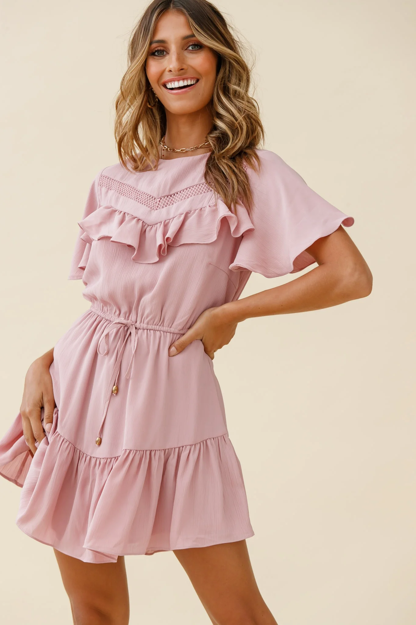 Forever Free Angel Sleeve Drawstring Waist Dress Blush - Sonourner