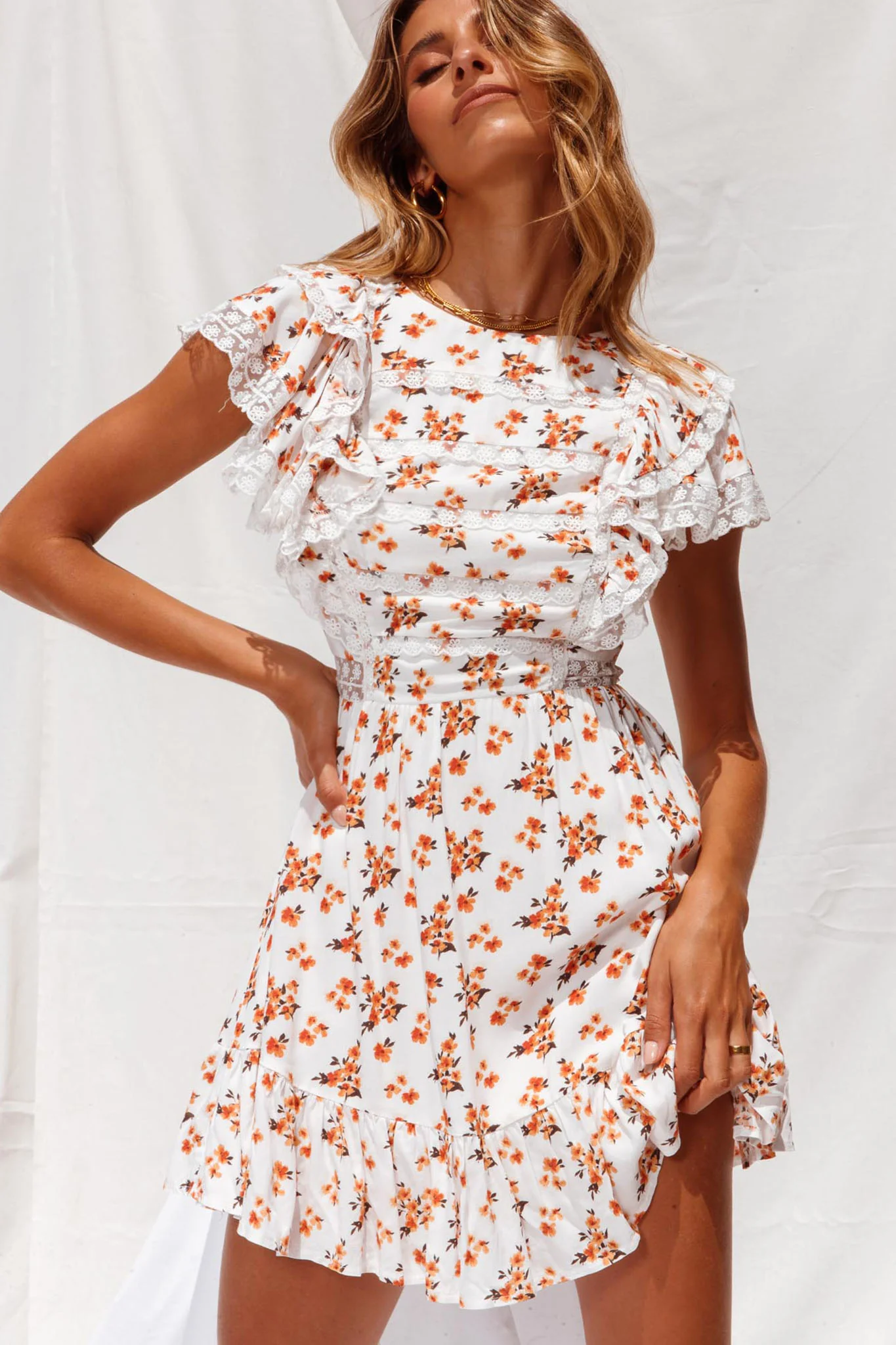 Hello Sunshine Lace Trim Ruffle Shoulder Dress Floral Print White/Orange - Sonourner