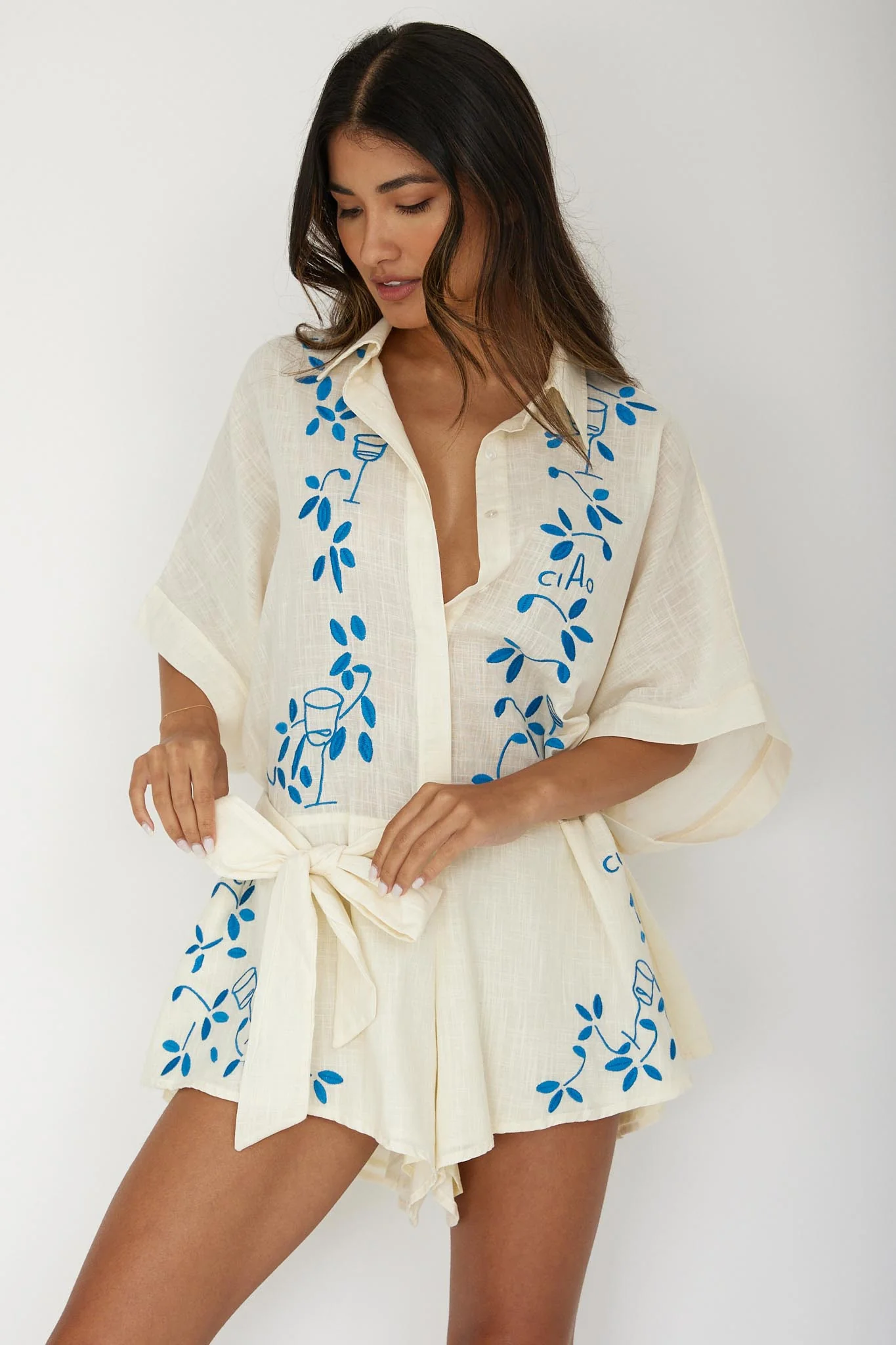 Daytona Beach Button-Up Romper Embroidered Beige - Sonourner