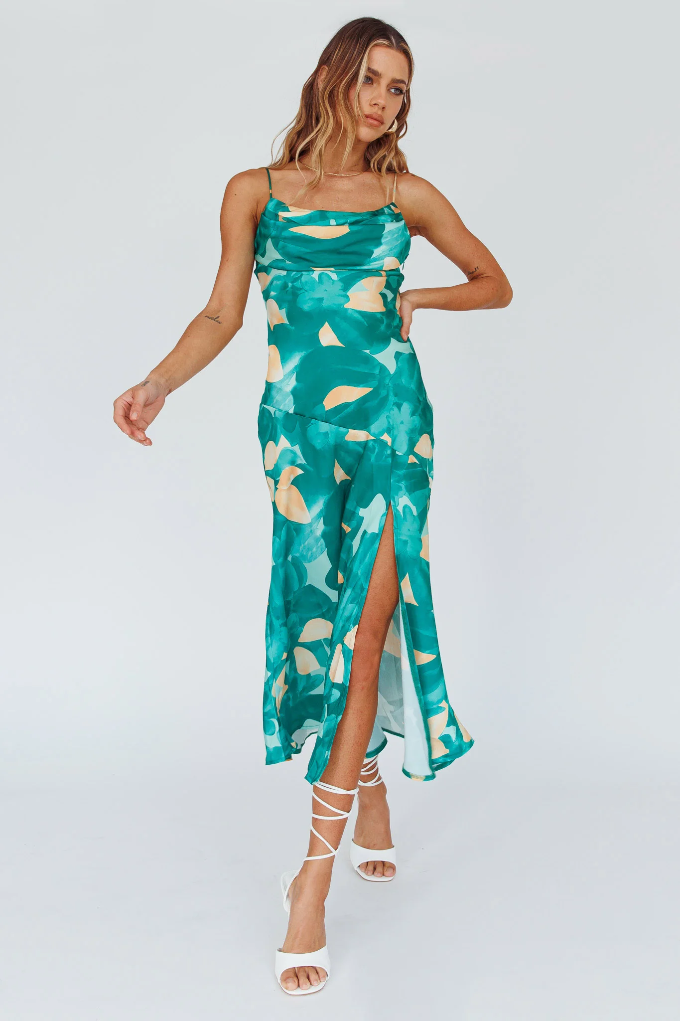 Well Versed Pleated Bust Front Split Dress Flora Green - Sonourner