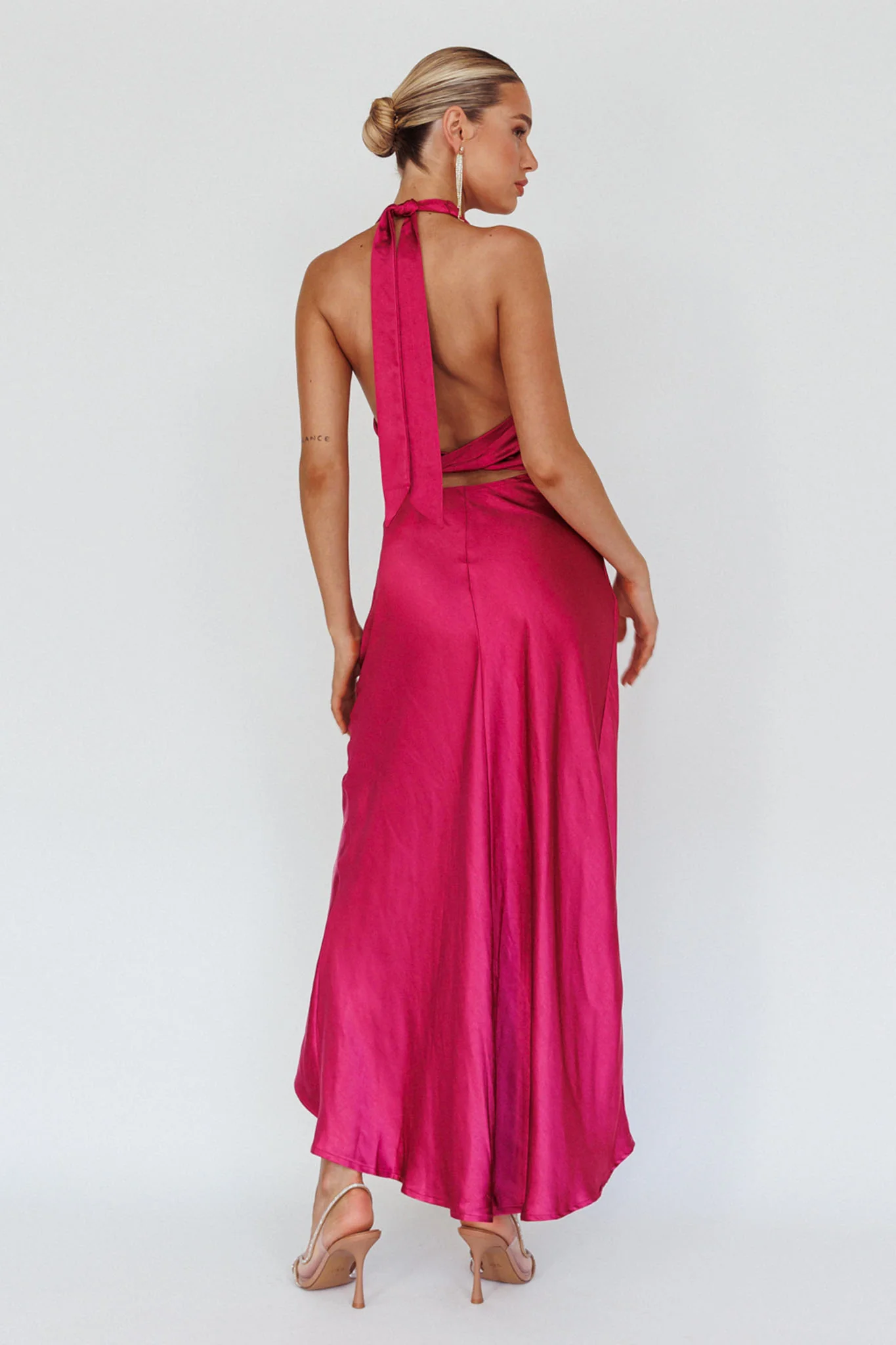 Sonoma Halterneck Faux Wrap Twist Back Maxi Dress Fuchsia - Sonourner