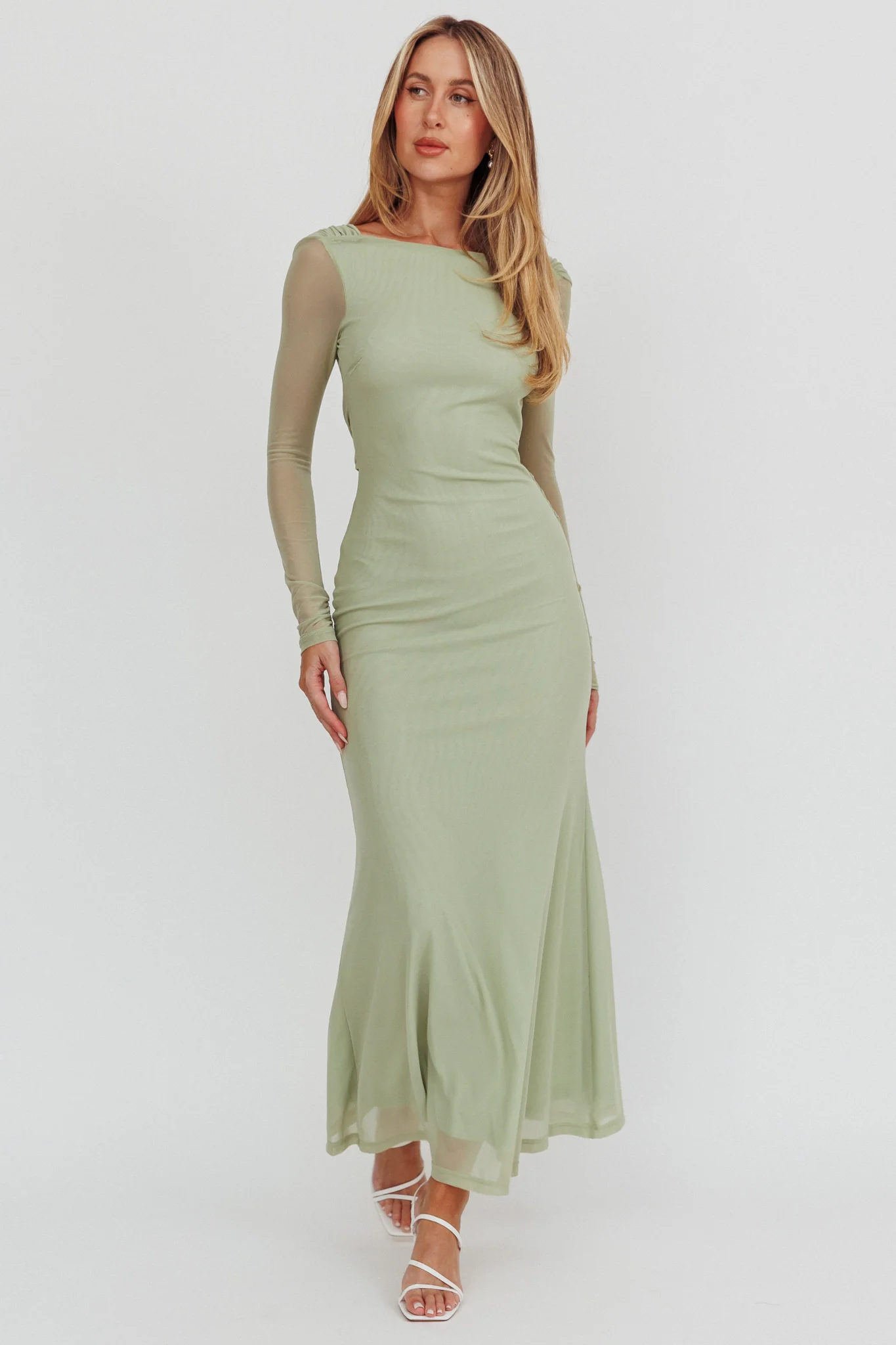 Lustre Open Back Mesh Maxi Dress Sage - Sonourner