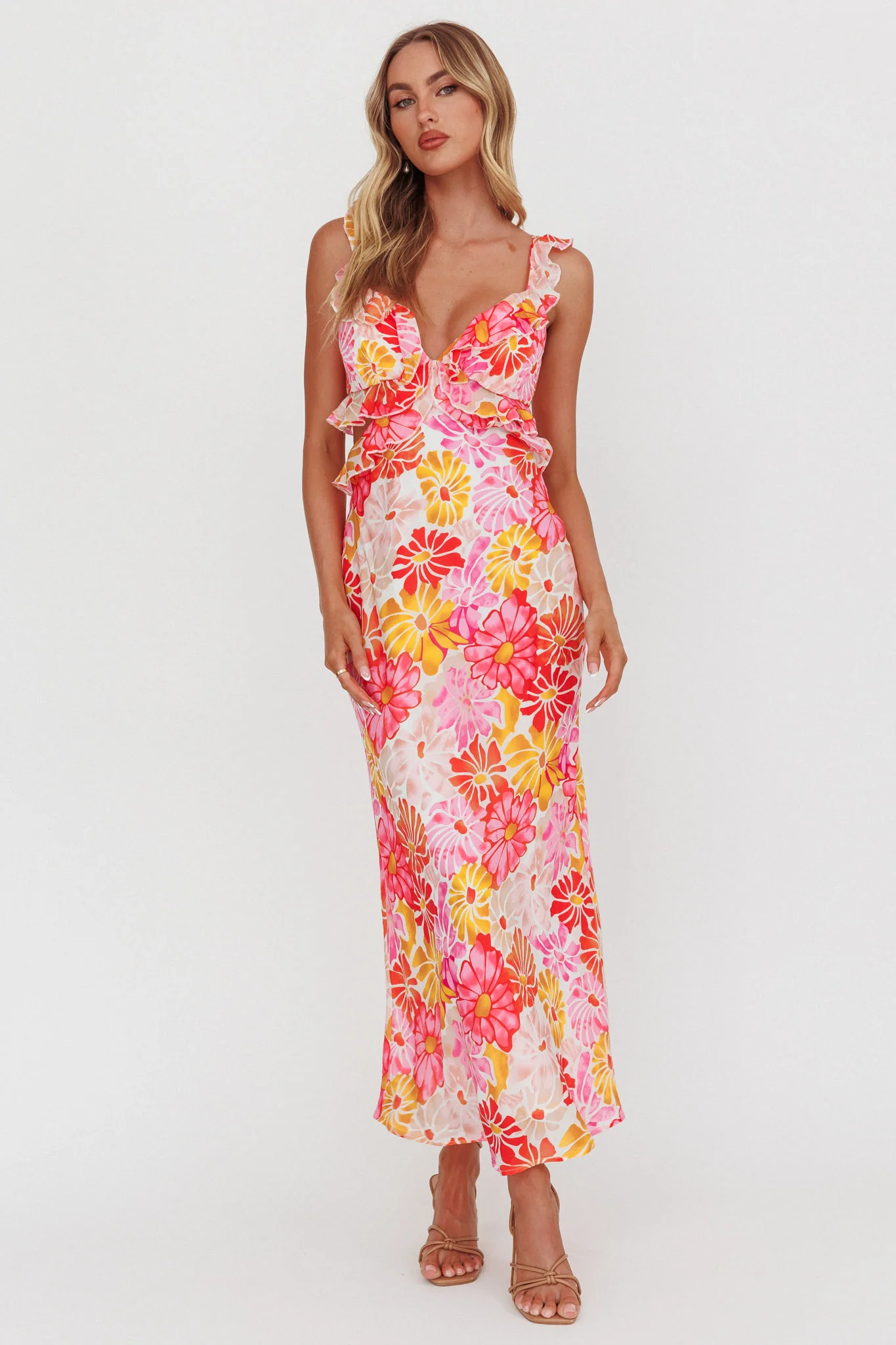 Second Chances Ruffle Trim Maxi Dress Flower Pink - Sonourner