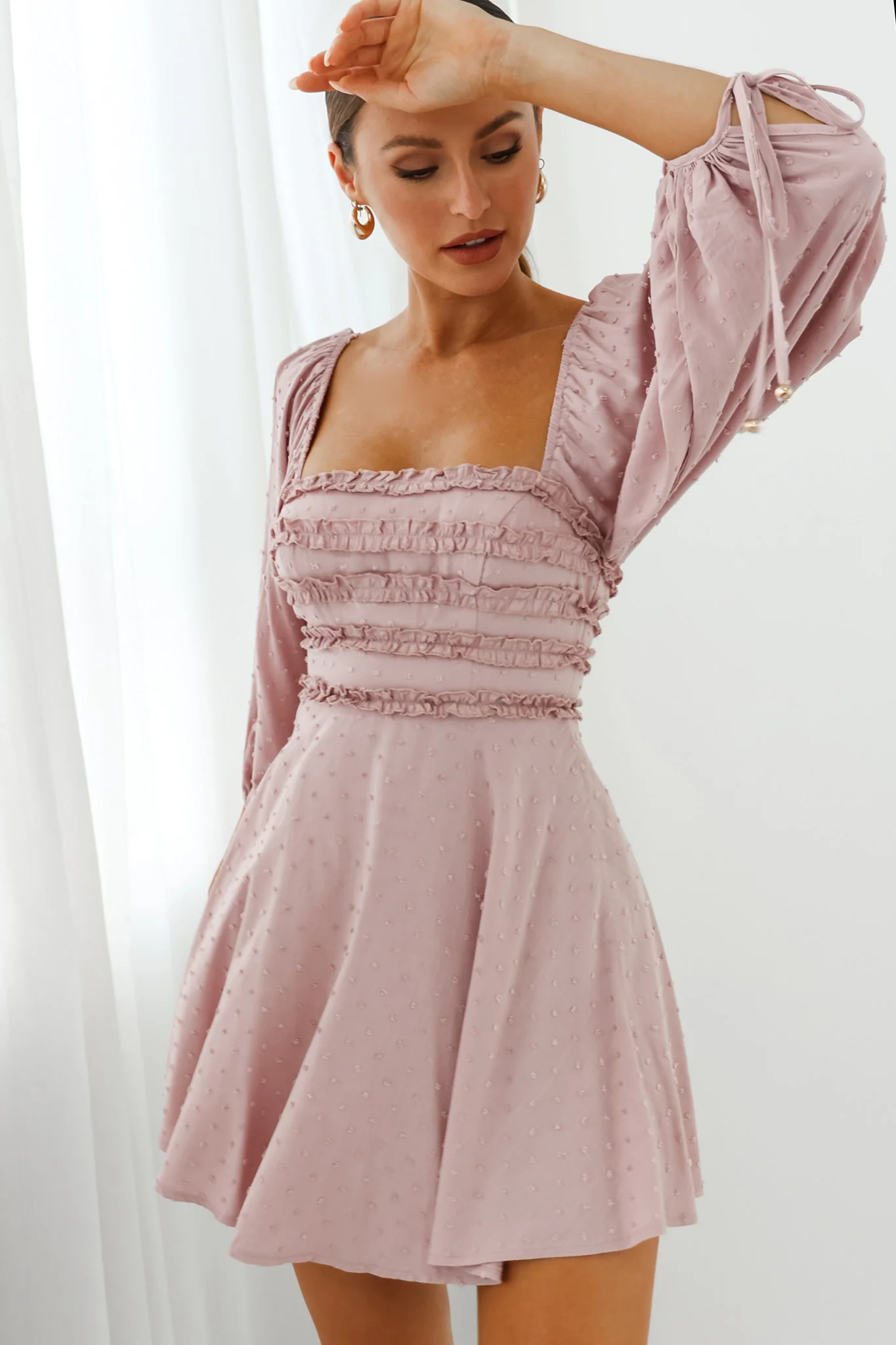 Illia Three-Quarter Balloon Sleeve Frill Bodice Dress Mauve - Sonourner