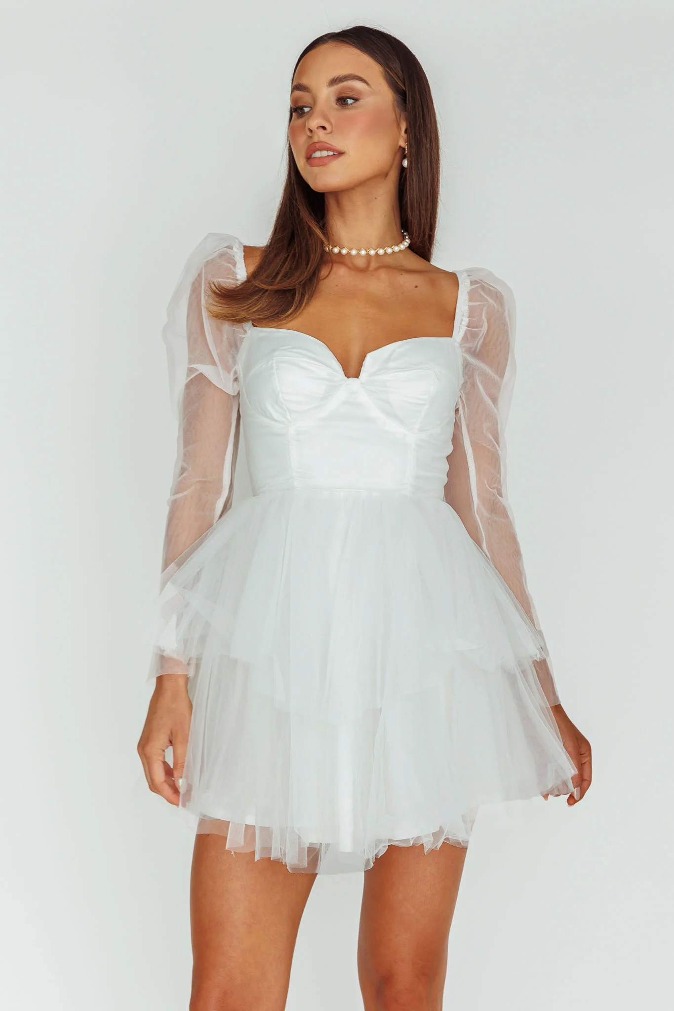 Veola Long Sleeve Tulle Mini Dress White - Sonourner