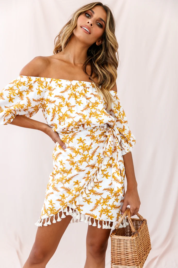 Cayman Tassel Trim Wrap Dress White/Yellow - Sonourner