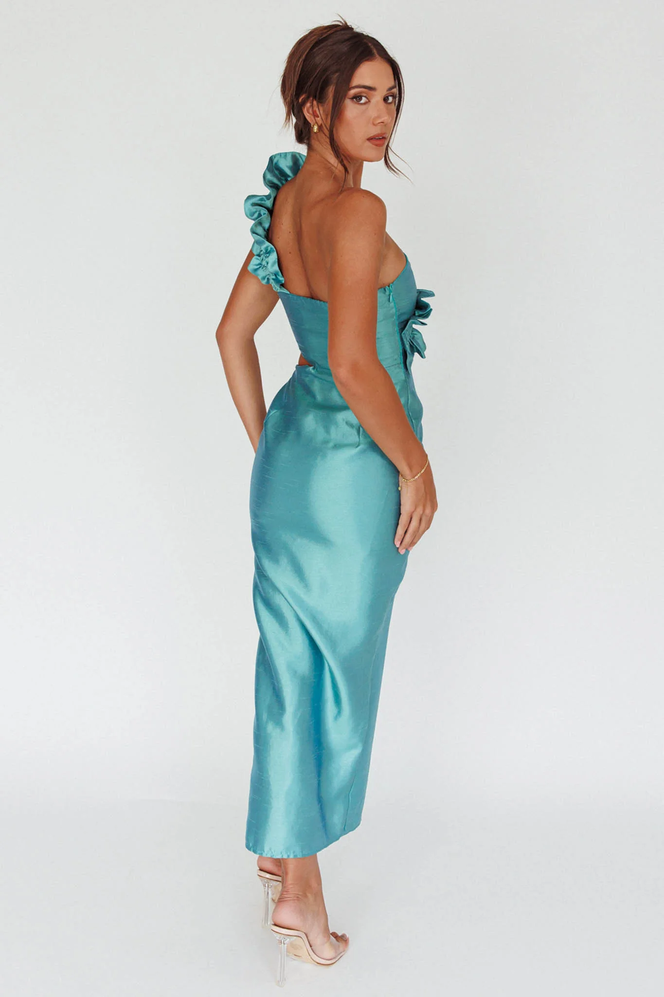 NY Moment Wide Ruffle Shoulder Dress Forest Green - Sonourner