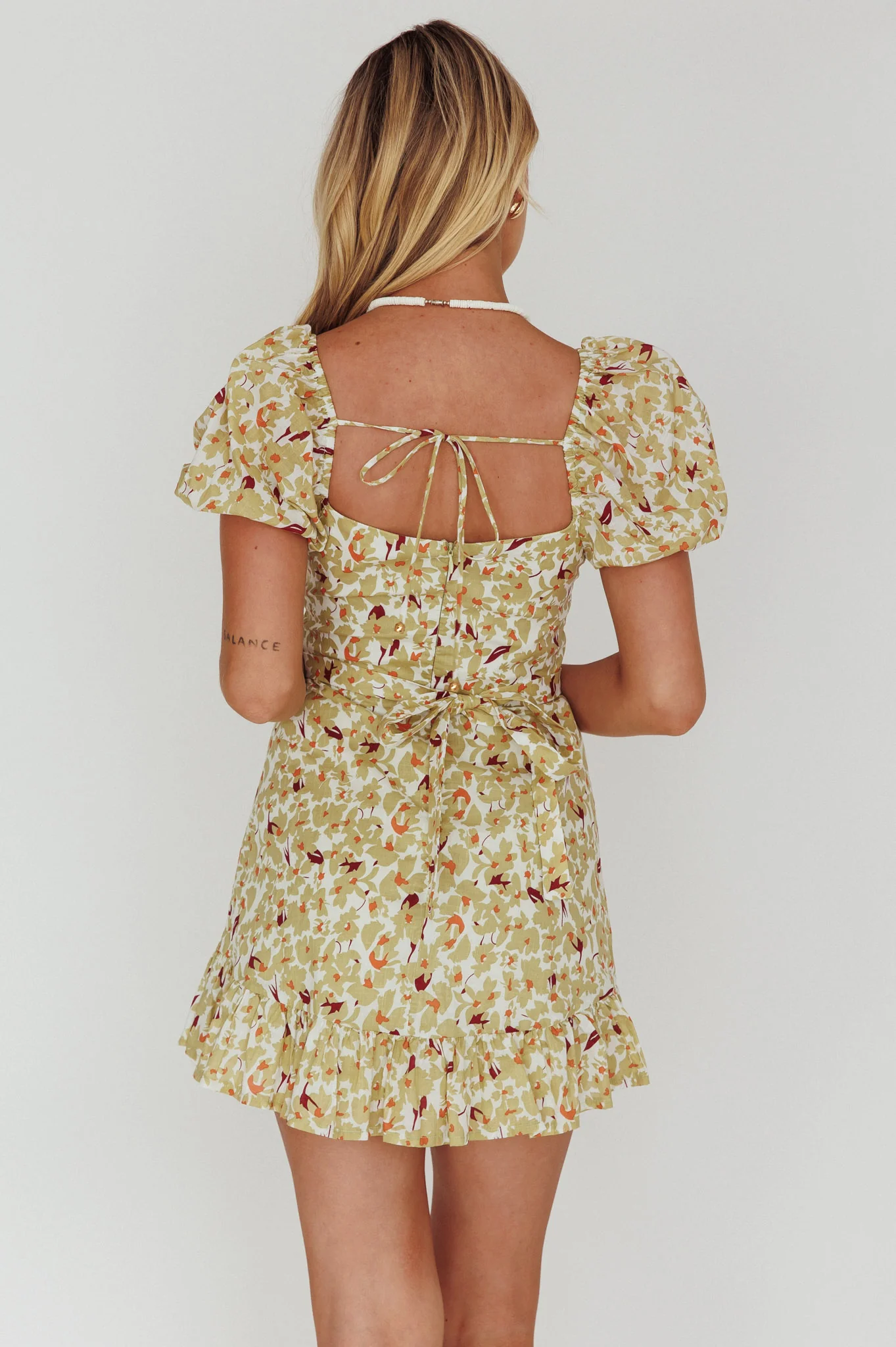 Connie Puff Sleeve Mini Dress Floral Olive - Sonourner