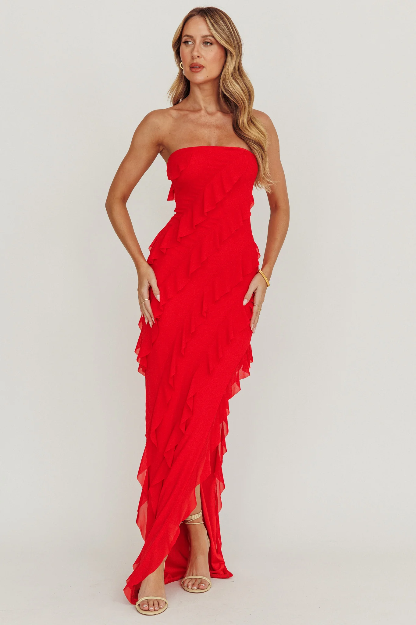 Just Friends Strapless Ruffle Maxi Dress Red - Sonourner