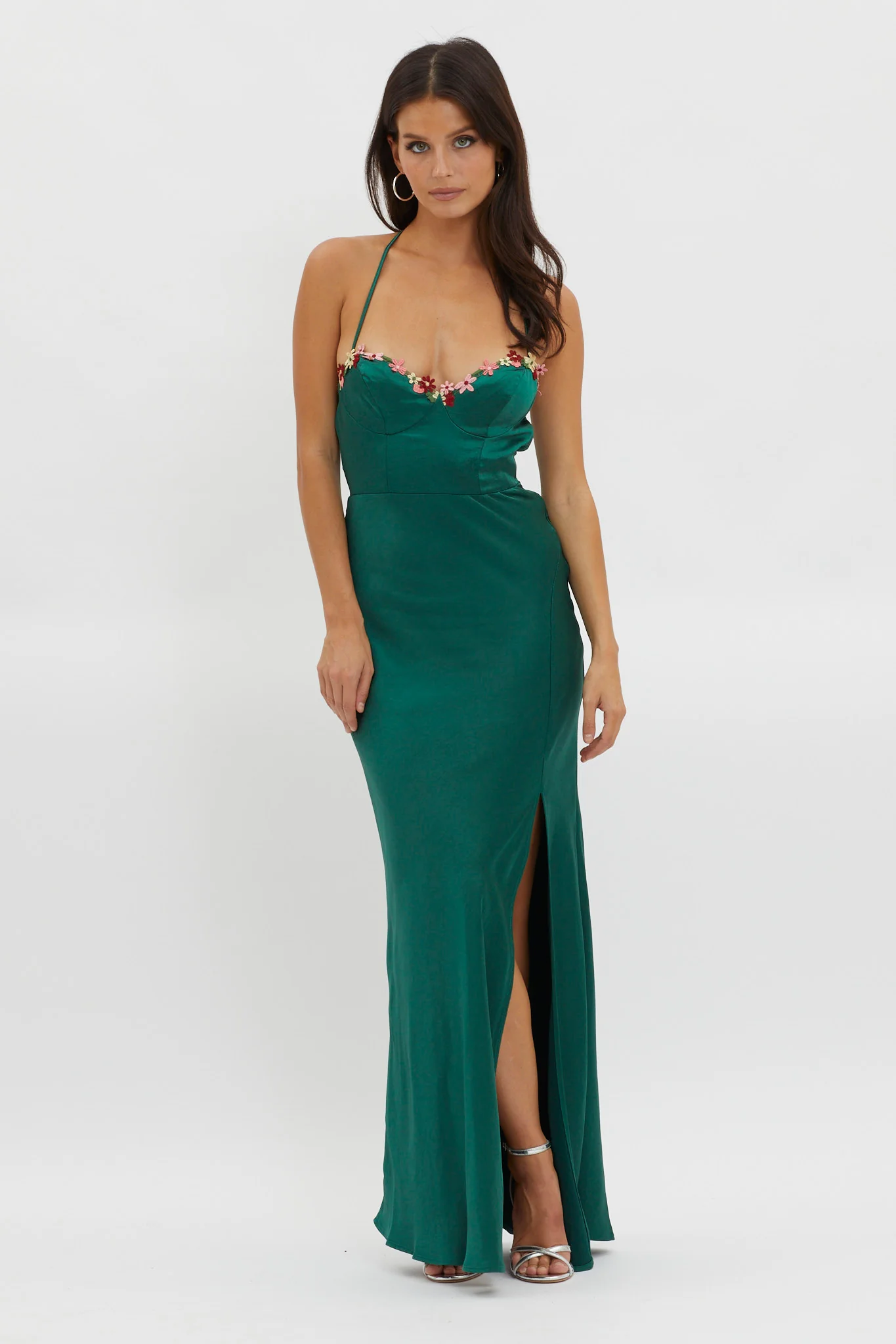 Bonsoir Floral Embroidery Trim Maxi Dress Forest Green - Sonourner
