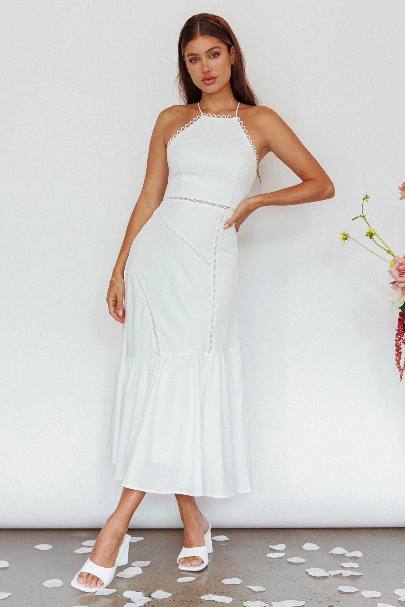 Felini Criss-Cross Back Flounce Midi Dress White - Sonourner