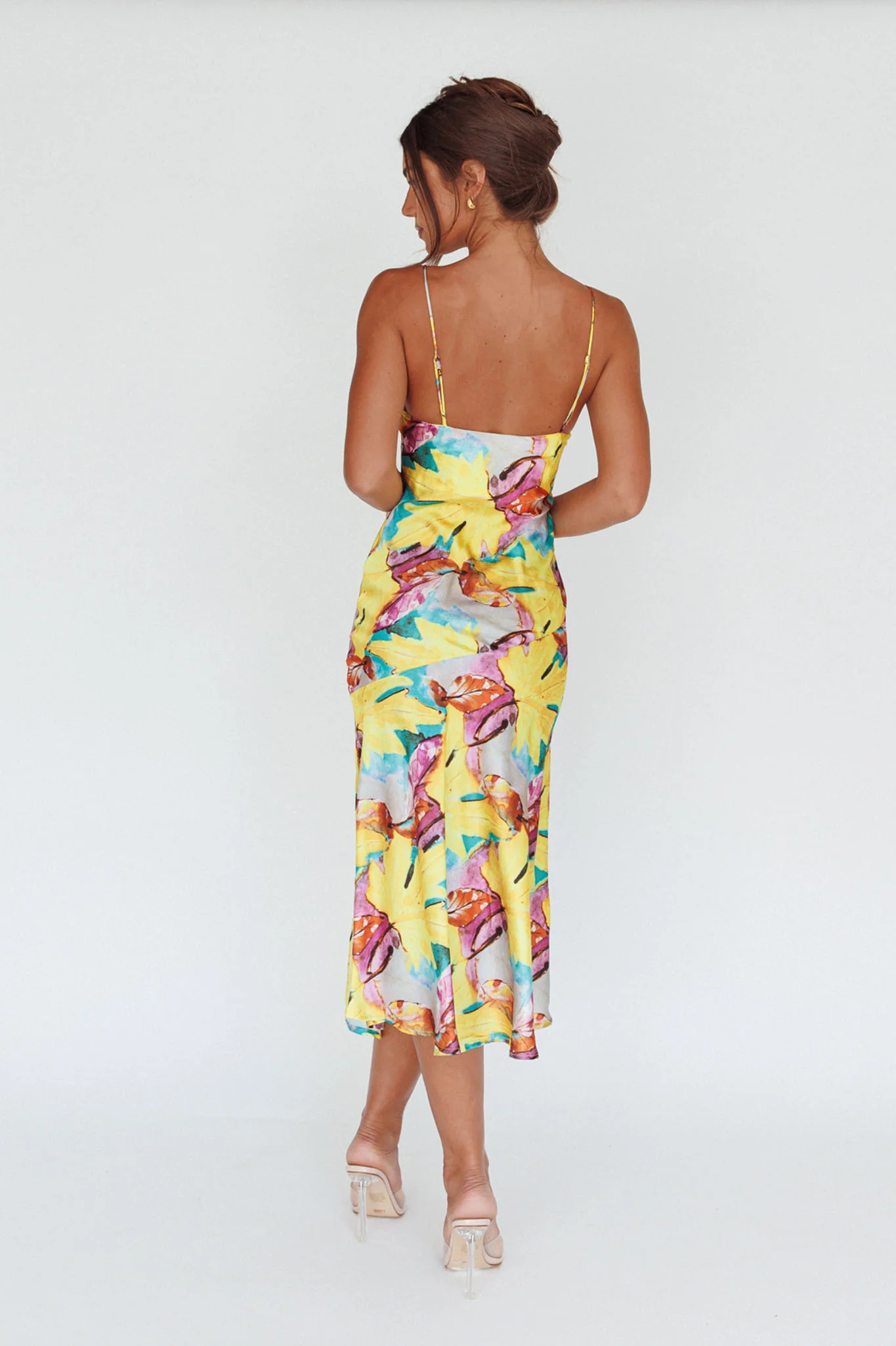 Well Versed Pleated Bust Front Split Dress Leaf Print Yellow - Sonourner