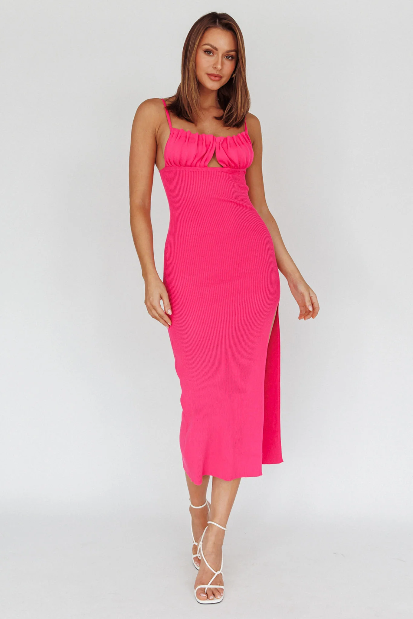 Jelina Gathered Bust Knit Midi Dress Fuchsia - Sonourner