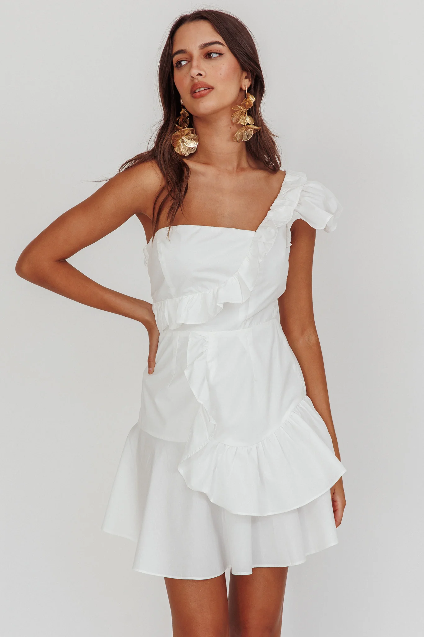 Koko One-Shoulder Ruffle Mini Dress White - Sonourner