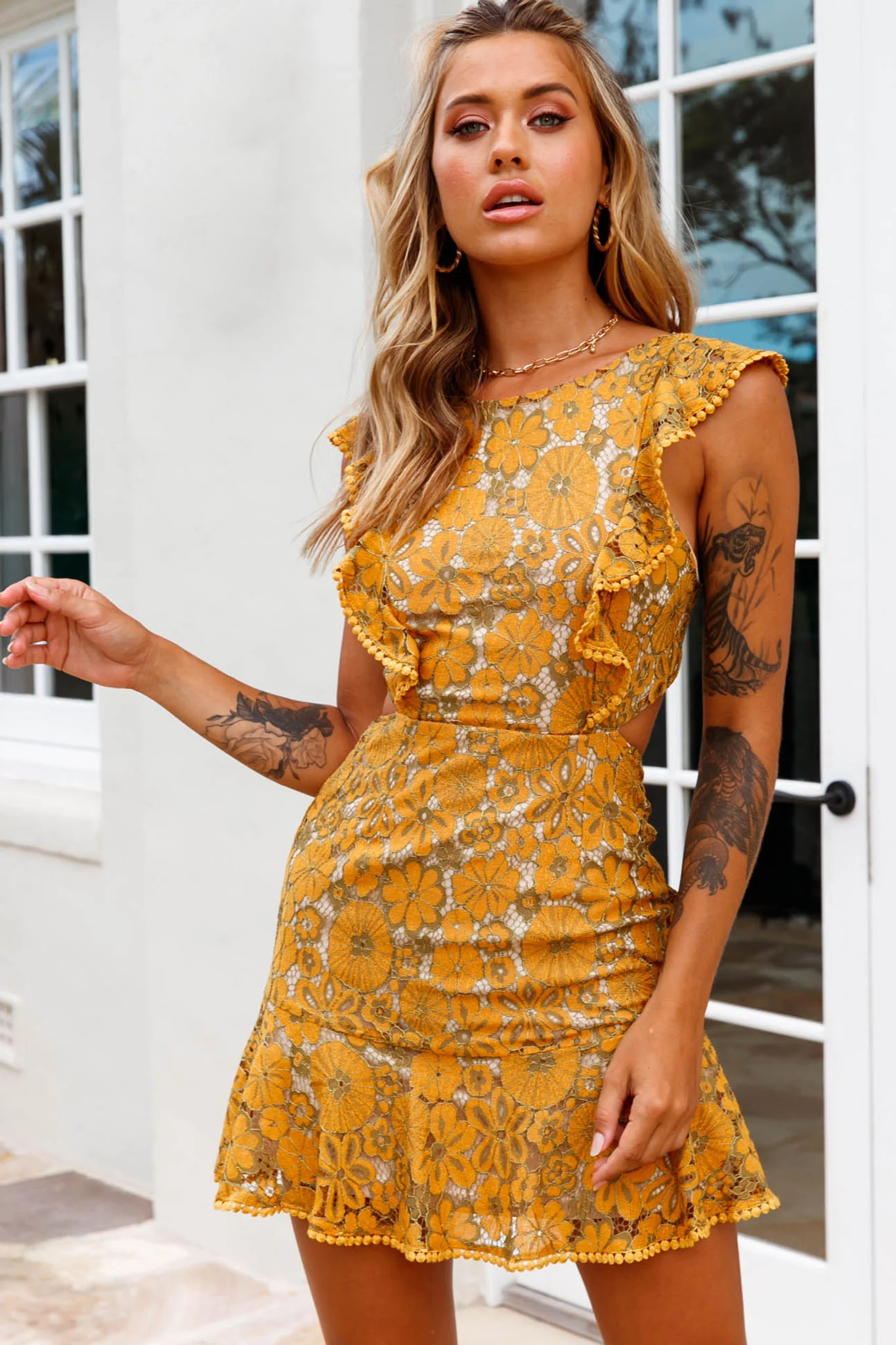 Jackie Pinafore Floral Lace Dress Mustard/Olive - Sonourner