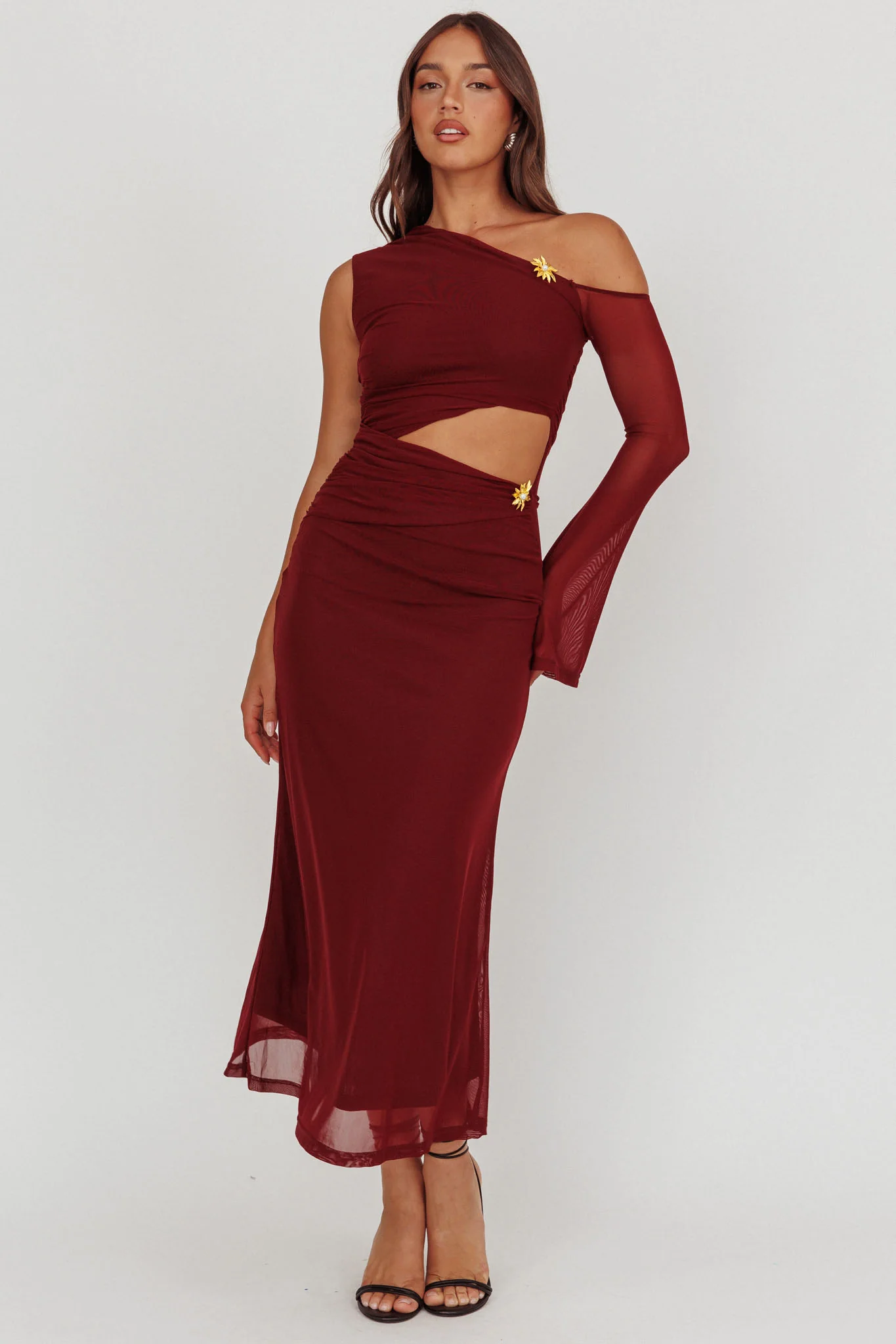 Prima One Shoulder Cut-Out Maxi Dress Wine - Sonourner