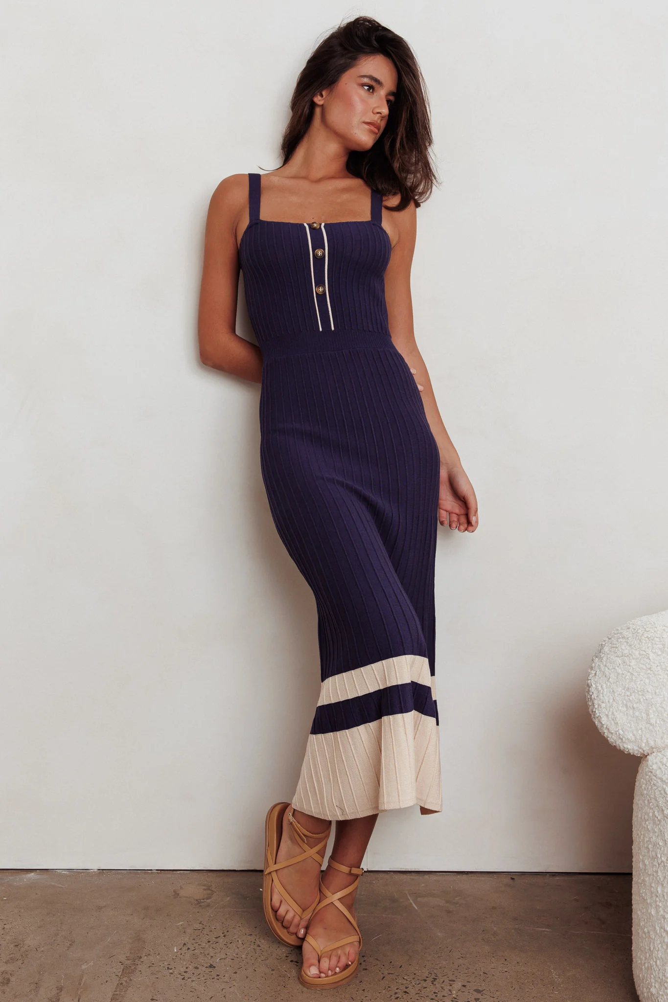 Cayla Contrast Ribbed Knit Maxi Dress Navy - Sonourner