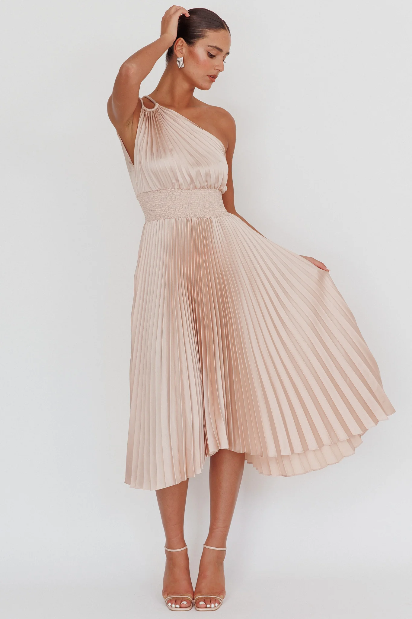 Calissa One Shoulder Pleated Midi Dress Champagne - Sonourner