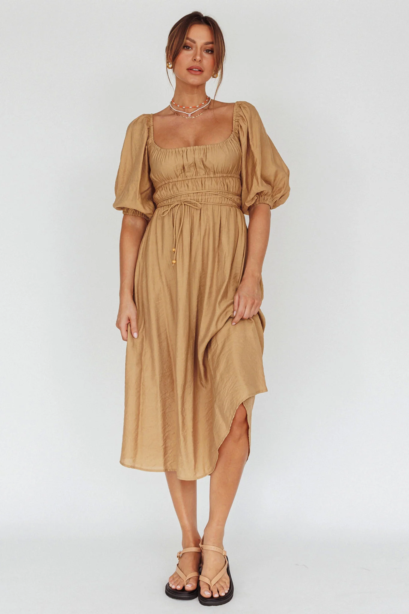 Lille Puff Sleeve Midi Dress Latte - Sonourner