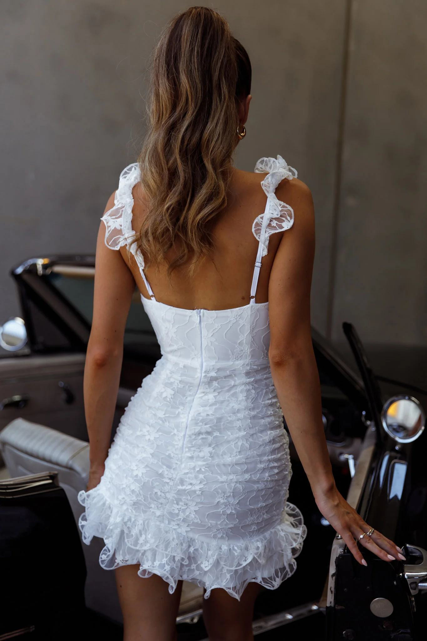 Kaley Ruched Side Layered Frill Hem Lace Mini Dress White - Sonourner