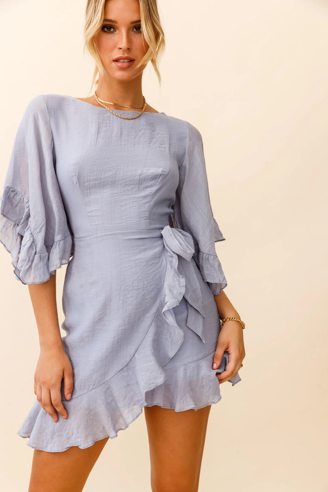 Make It Happen Flared Sleeve Ruffle Trim Dress Steel Blue - Sonourner