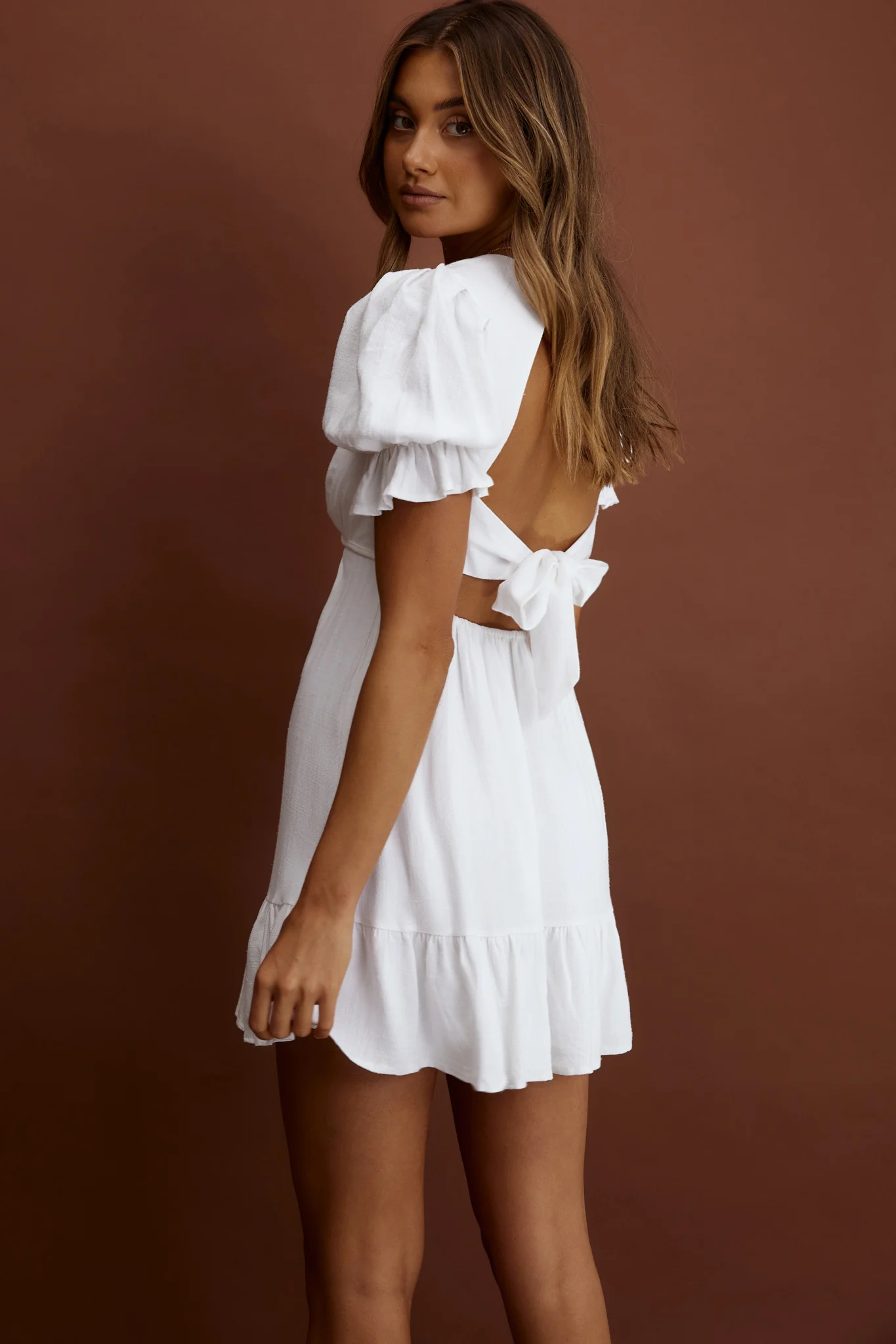 Nylah Puff Sleeve Tied Dress White - Sonourner