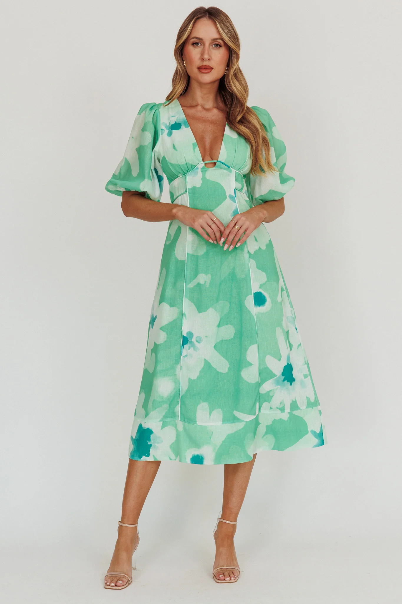Elias Puff Sleeve Midi Dress Green - Sonourner