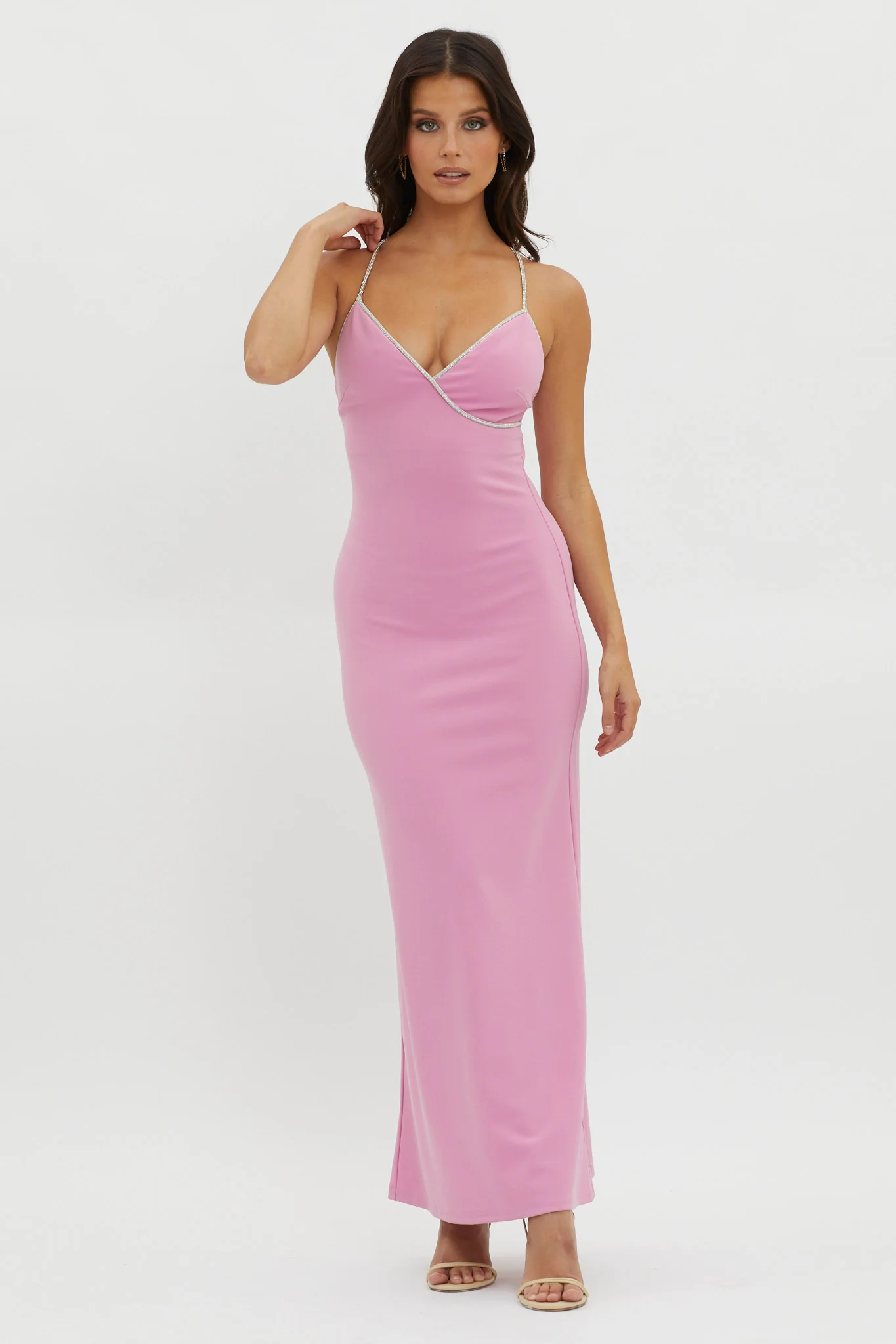 Harleigh Diamante Strap Tied Back Dress Pink - Sonourner