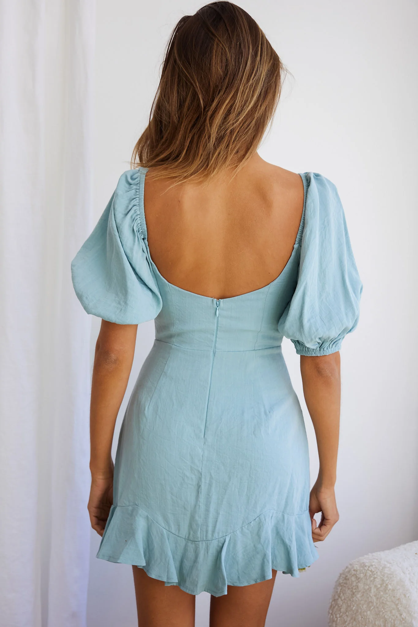 Alma Drawstring Circle Bust Puff Sleeve Mini Dress Sage - Sonourner