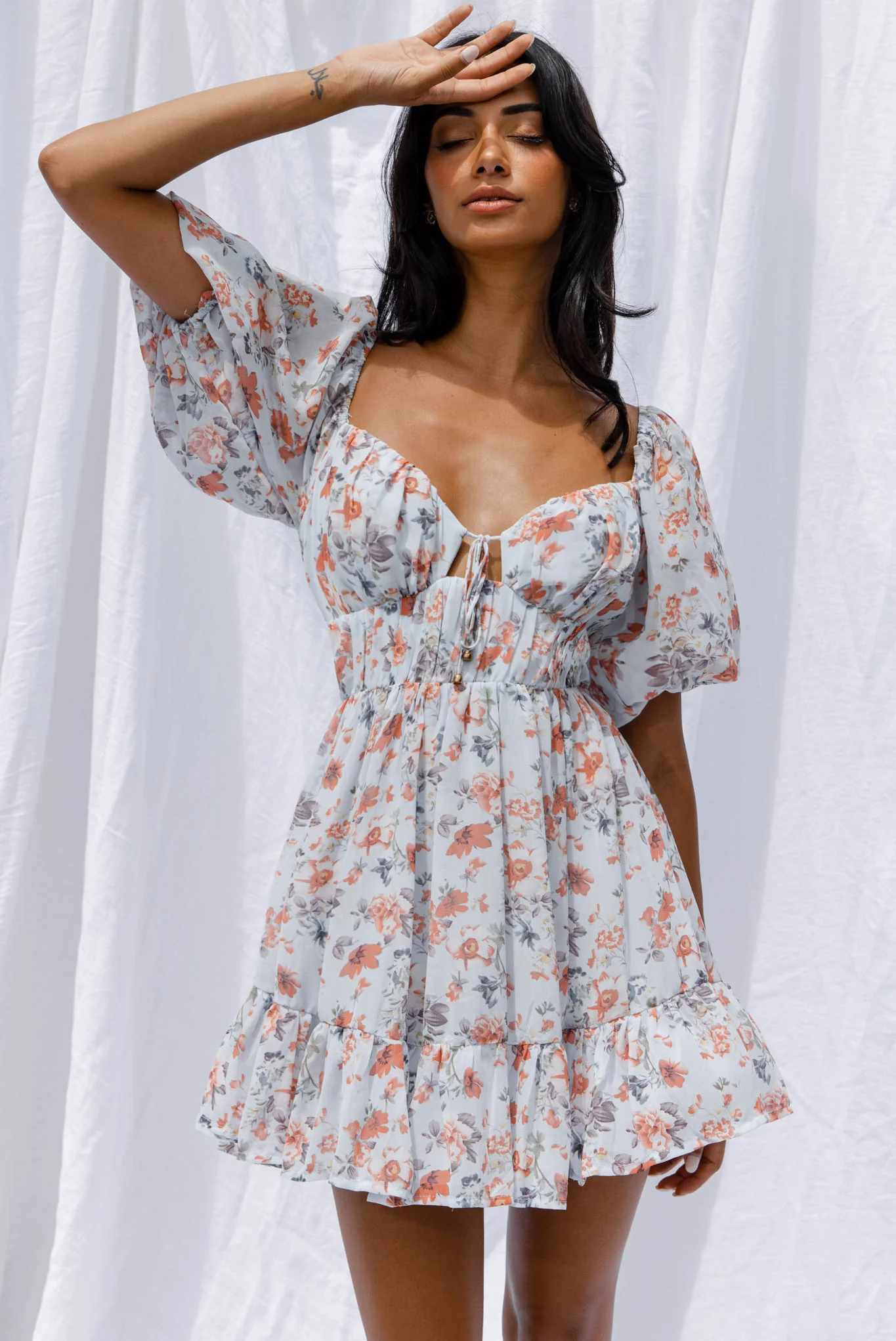 Vista Del Mar Tied Bust Mini Dress Floral Steel Blue - Sonourner