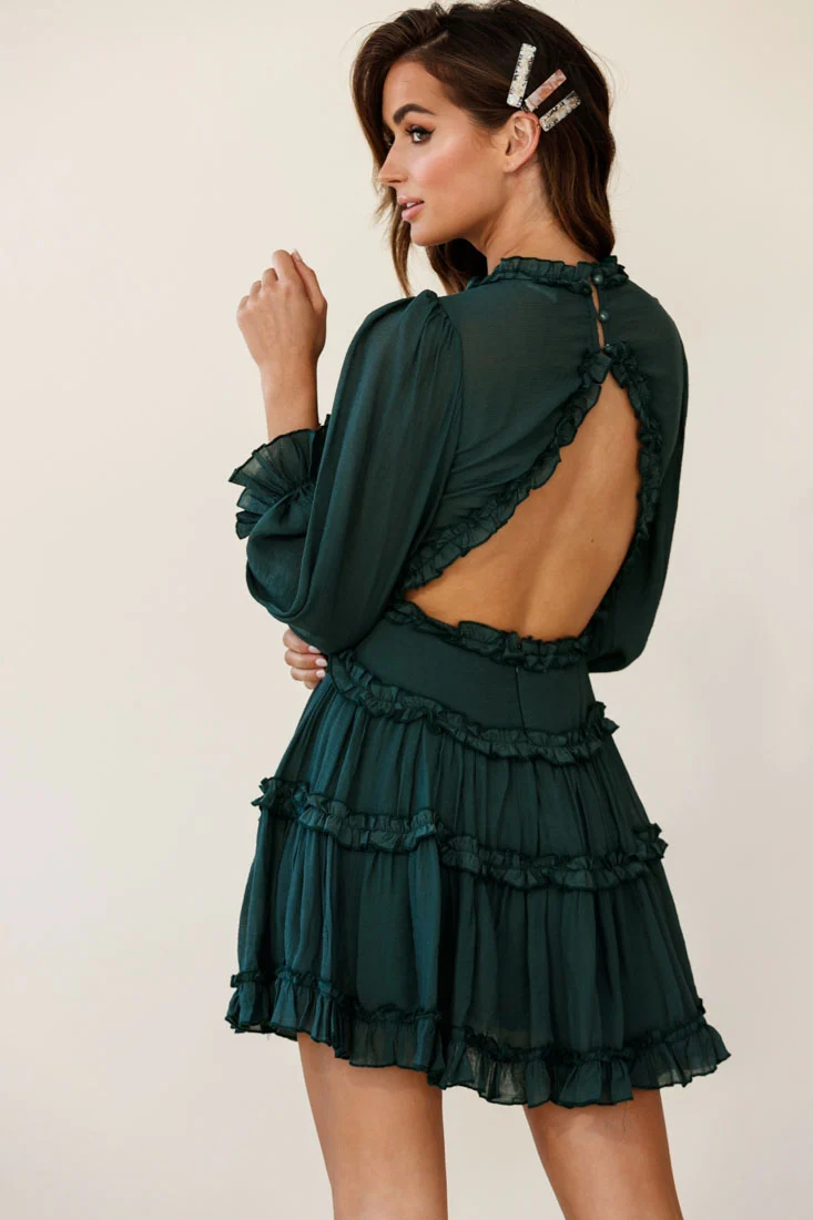 Laney Cutout Back Balloon Sleeve Dress Green - Sonourner