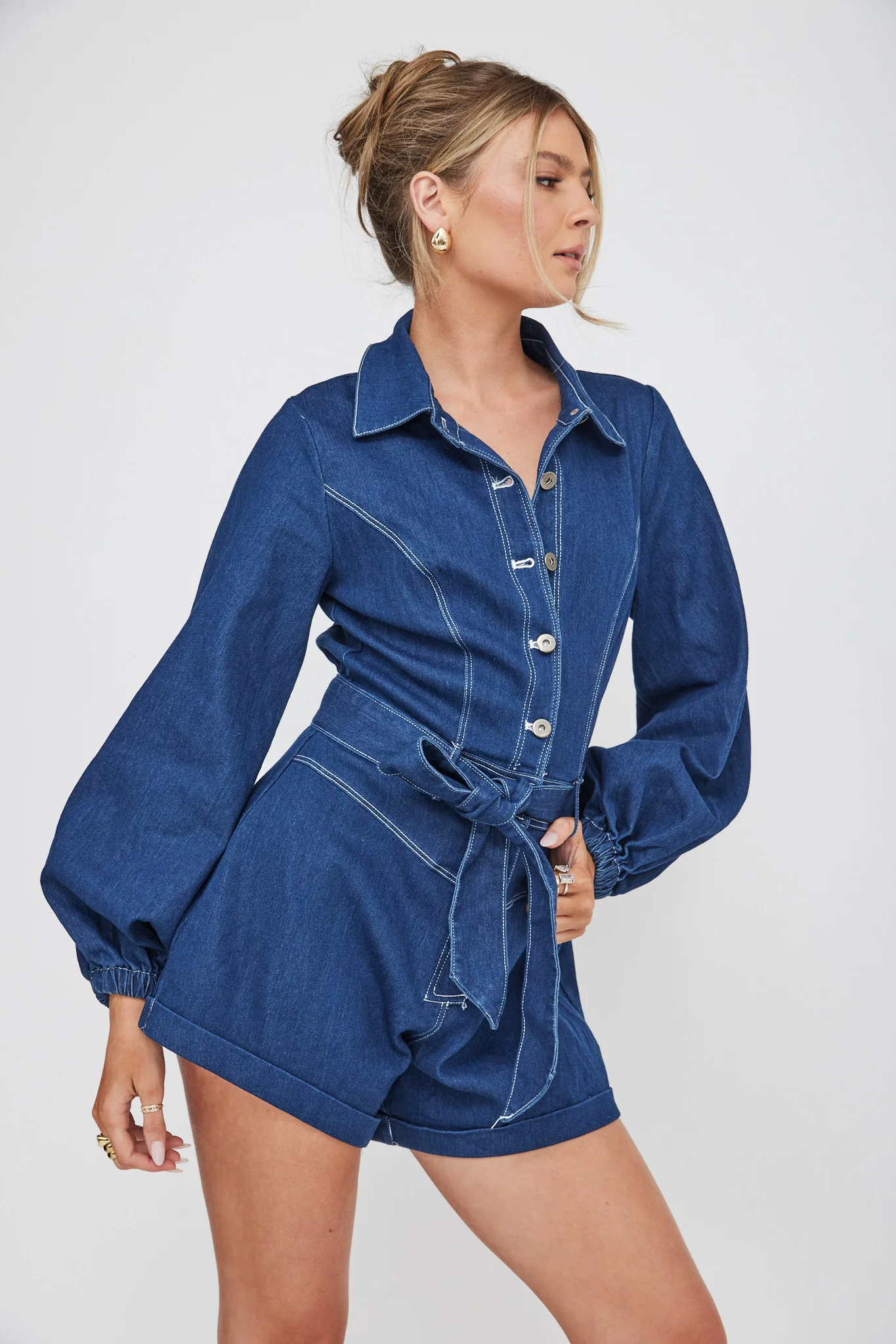 New Day Long Sleeve Button-Up Romper Indigo - Sonourner